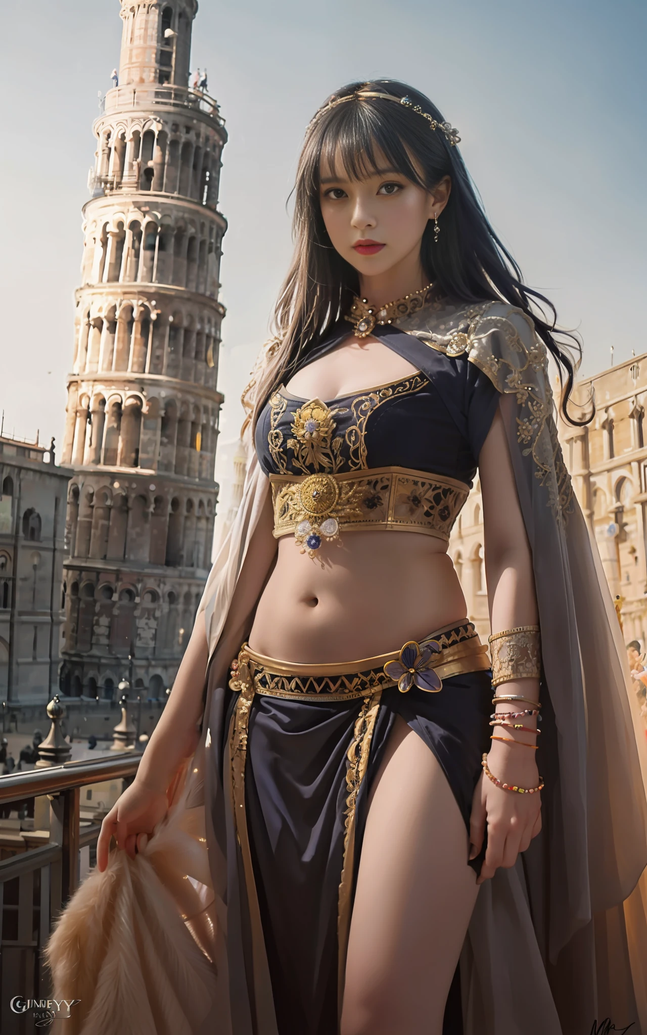 modelshoot style, (extremely detailed CG unity 8k wallpaper),full shot body photo of the most beautiful artwork in the world, stunningly beautiful photo realistic cute women intricately detailed costume, navel,princess eyes,(Leaning Tower Of Pisa background), professional majestic oil painting by Ed Blinkey, Atey Ghailan, Studio Ghibli, by Jeremy Mann, Greg Manchess, Antonio Moro, trending on ArtStation, trending on CGSociety, Intricate, High Detail, Sharp focus, dramatic, photorealistic painting art by midjourney and greg rutkowski
