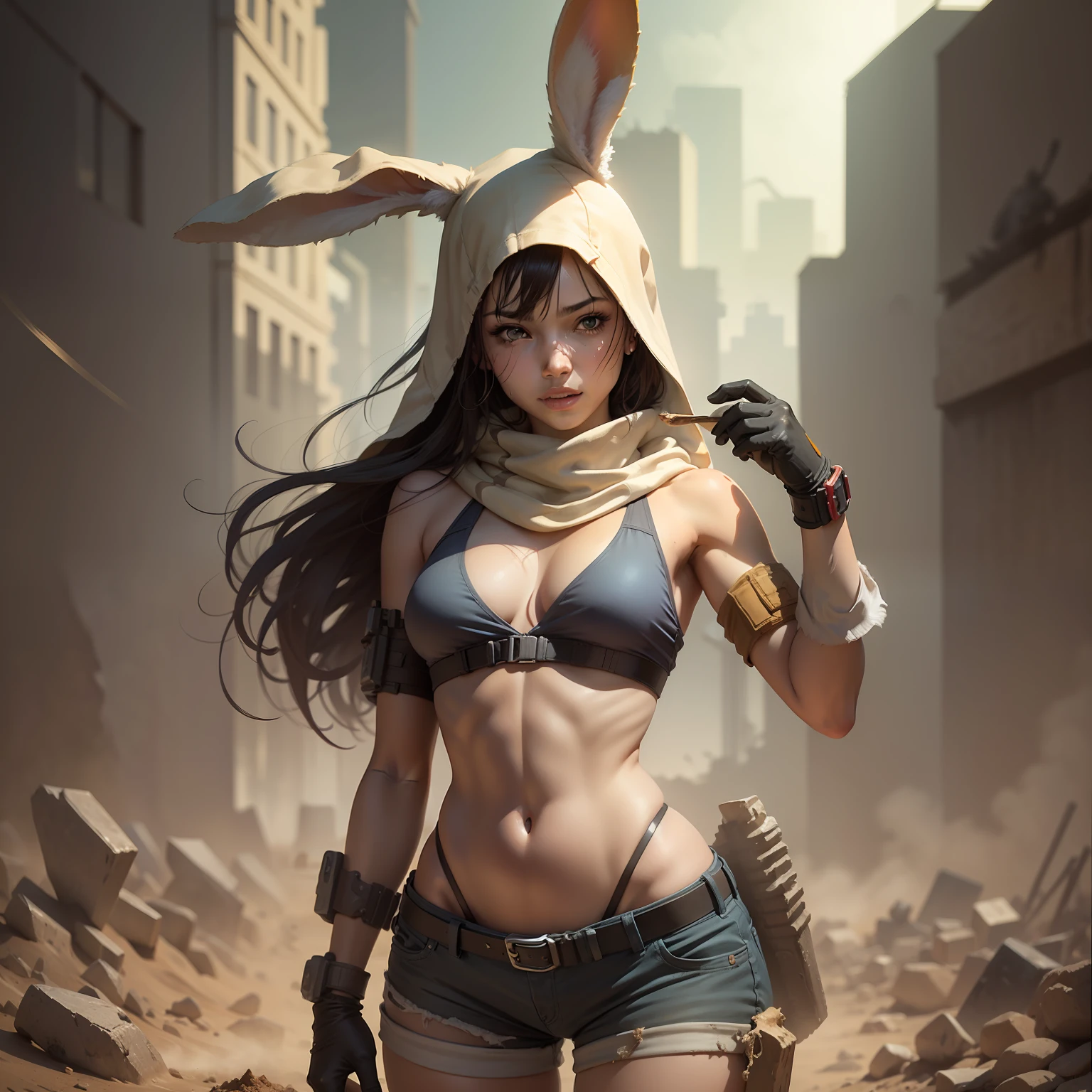 anime, bunny woman, bunny archeologist excavating ancient bones in dirt, archeological site, dusting off bones, bunny ears, entire body covered in dust, head to toe covered in dust, Yoji Shinkawa, Peter Bohrbacher, Greg Rutkowski, Morning, shorts fine lines, definite lines, no unclear or blurry lines all visible