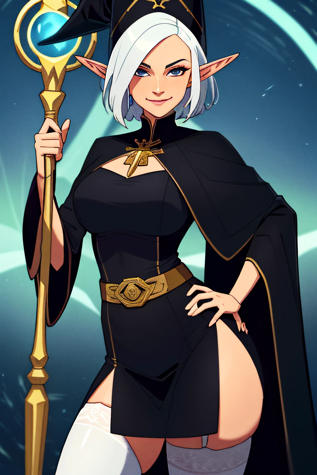 (masterpiece, best quality, high quality, high resolution: 1.4), detailed, extremely detailed, soft ambient lighting, 4K, 1girl elf, (mature female, milf: 1.2), (short hair, square, white hair, long side locks: 1.3), (blue eyes, smile, determined: 1.2), busty, wide hips, thick thighs, (black wizard robe, black wizard hat, belt, long sleeves, deep sleeves, stockings, garters: 1.3),  (wizard holding a staff, hand on hip:1.4), fantasy, exterior, storm, sky, particles of light, swirling magic, ambient magic