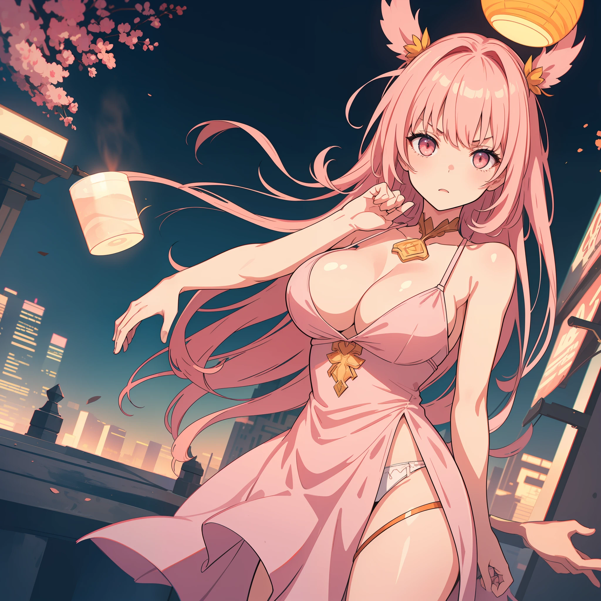 (masterpiece, best quality), ((1girl, (mature)), ((girl standing brave)) brave face ((hair fulfilled)) (salmon pink hair, hair fulfilled, hair with bangs, hair with orange stirs, beautiful hair), (pink eyes, beautiful eyes, sharp eyes, brave face)) (city background), Fallen to the ground bruised (highres, Chromatic aberration),gala dress, big breasts, (big hair) big breasts ((confident look)) ((serious look))
