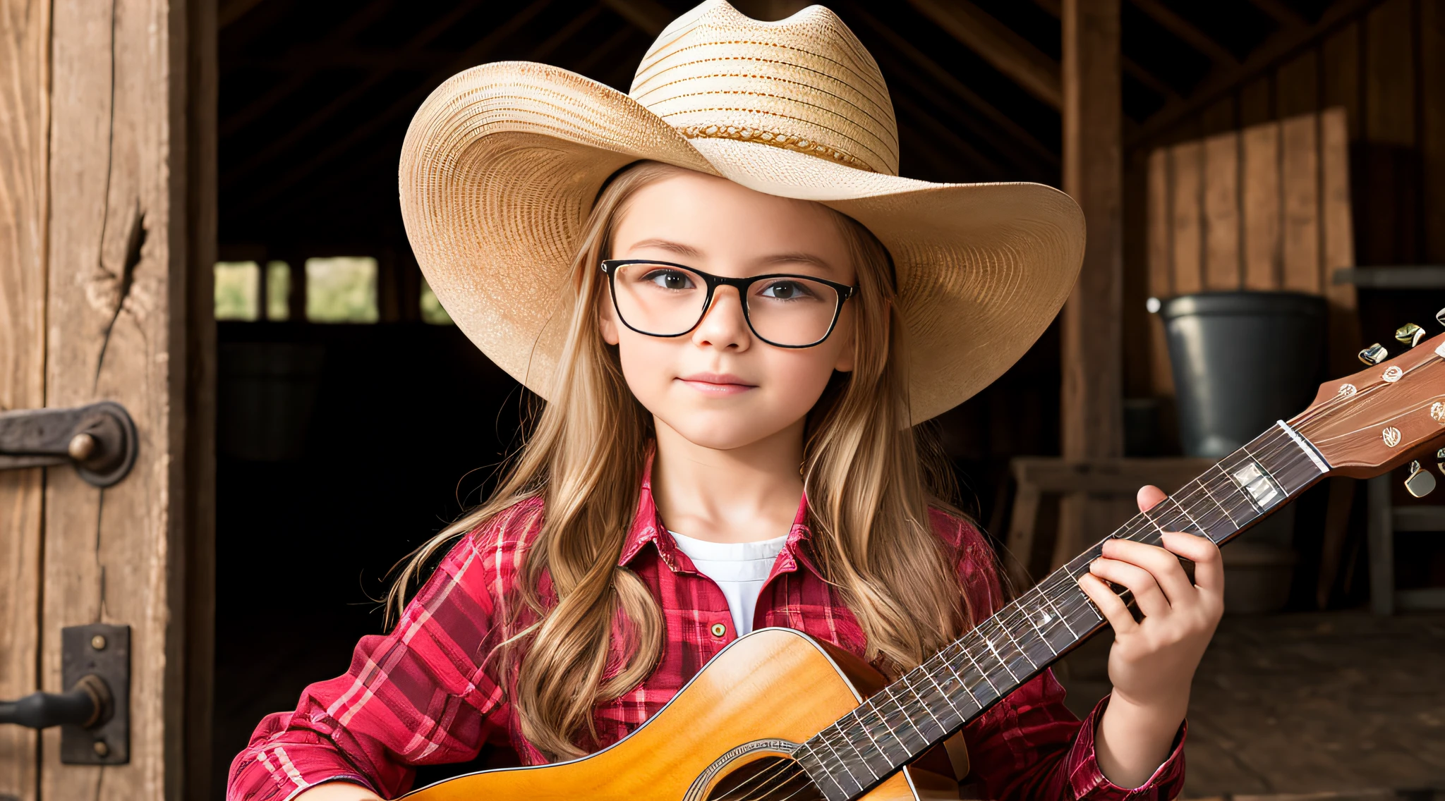 10 year old Russian child girl, close up, PORTRAIT, with long blonde hair, in a cowboy hat playing a guitar in a barn, wearing cowboy hat, photo shoot, wearing a cowboy hat, promotional photo, and a cowboy hat, cowboy hat and glasses, pr shoot, photo of a promotional session,  TV still, photo - shooting, cowboy shot, shaded, country