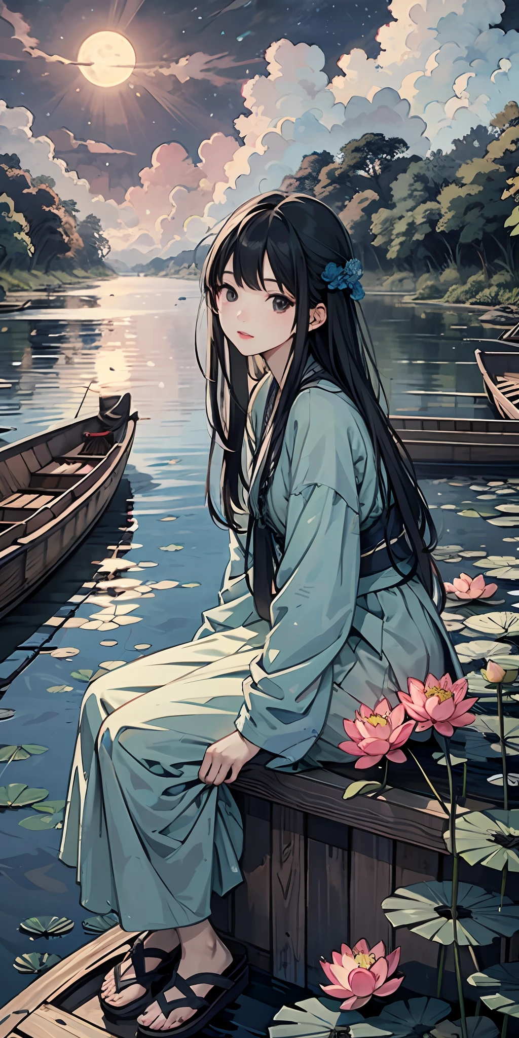Masterpiece, best quality, official art, 8k wallpaper, very detailed, illustration, night outdoor landscape, moonlight, small building, (1 girl, spread out Hanfu long skirt, sitting on a boat, drunken expression, black hair, long hair, detailed eyes), BREAK, (background: river full of lotus leaves, lots of lotus leaves: 1.3, many, many withering lotuses: 1.3, clouds in the sky), lots of lotus leaves, lots of lotus flowers, withering lotus flowers