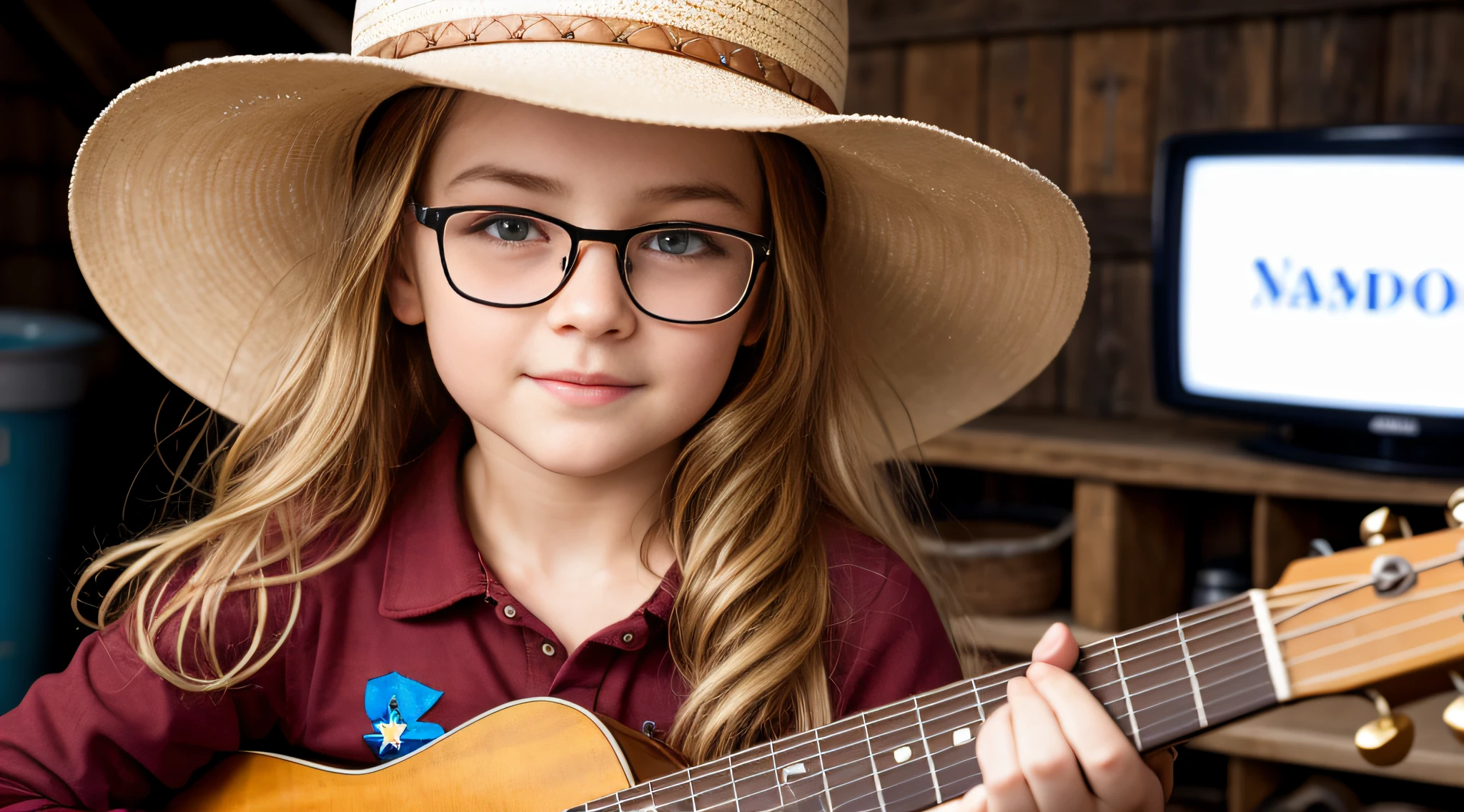 10 year old Russian child girl, close up, PORTRAIT, with long blonde hair, in a cowboy hat playing a guitar in a barn, wearing cowboy hat, photo shoot, wearing a cowboy hat, promotional photo, and a cowboy hat, cowboy hat and glasses, pr shoot, photo of a promotional session, TV still, photo - shooting, cowboy shot, shaded, country