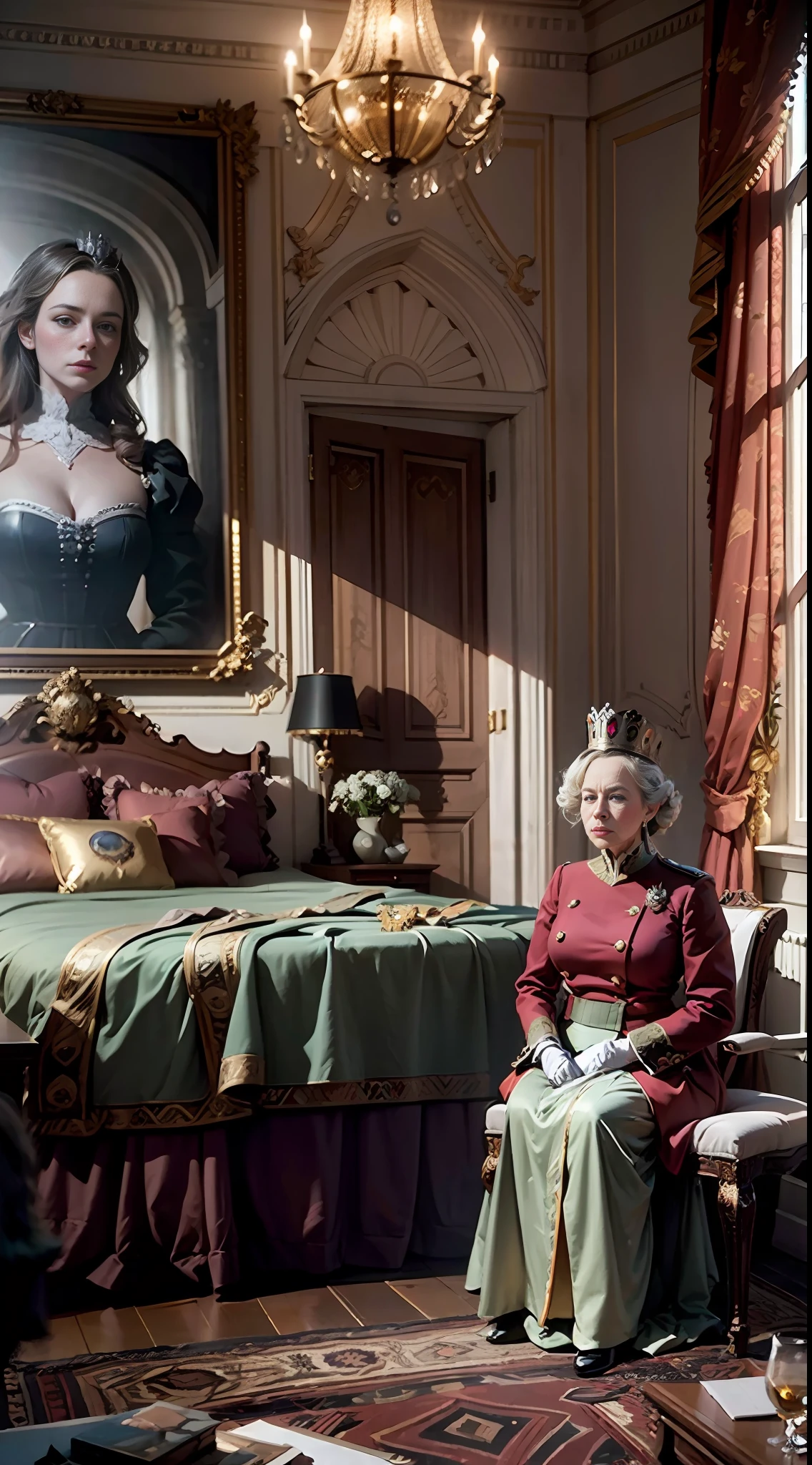 Queen Elizabeth in her bedroom, interior of Buckingham Palace in 1970s, high resolution, high details, ultra details, cinematic (photorealistic:1.4), 8k uhd, (hyper realistic), (photo realistic), (masterpiece), (best quality)