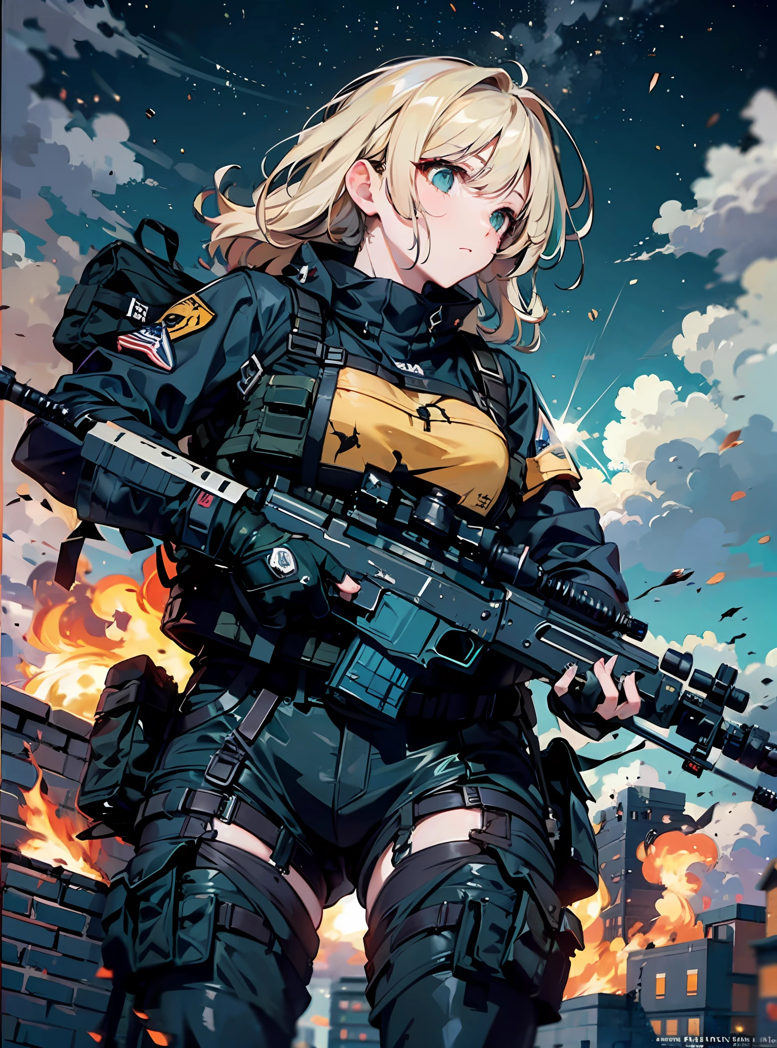 {{Masterpiece, top quality, highly detailed CG, 16K, movie lighting, lens flare}}, (1 girl soldier aiming a huge rifle), (wide view), thick body, Photorealism: 1.4, long blonde hair, green eyes, multiple weapons, aiming, (embark in stance to snipe from a military helicopter: 1.6)), SWAT, night footage, Plume clouds the sky, plume rises from flames, from above, aim, aim, lock on, knee shooting