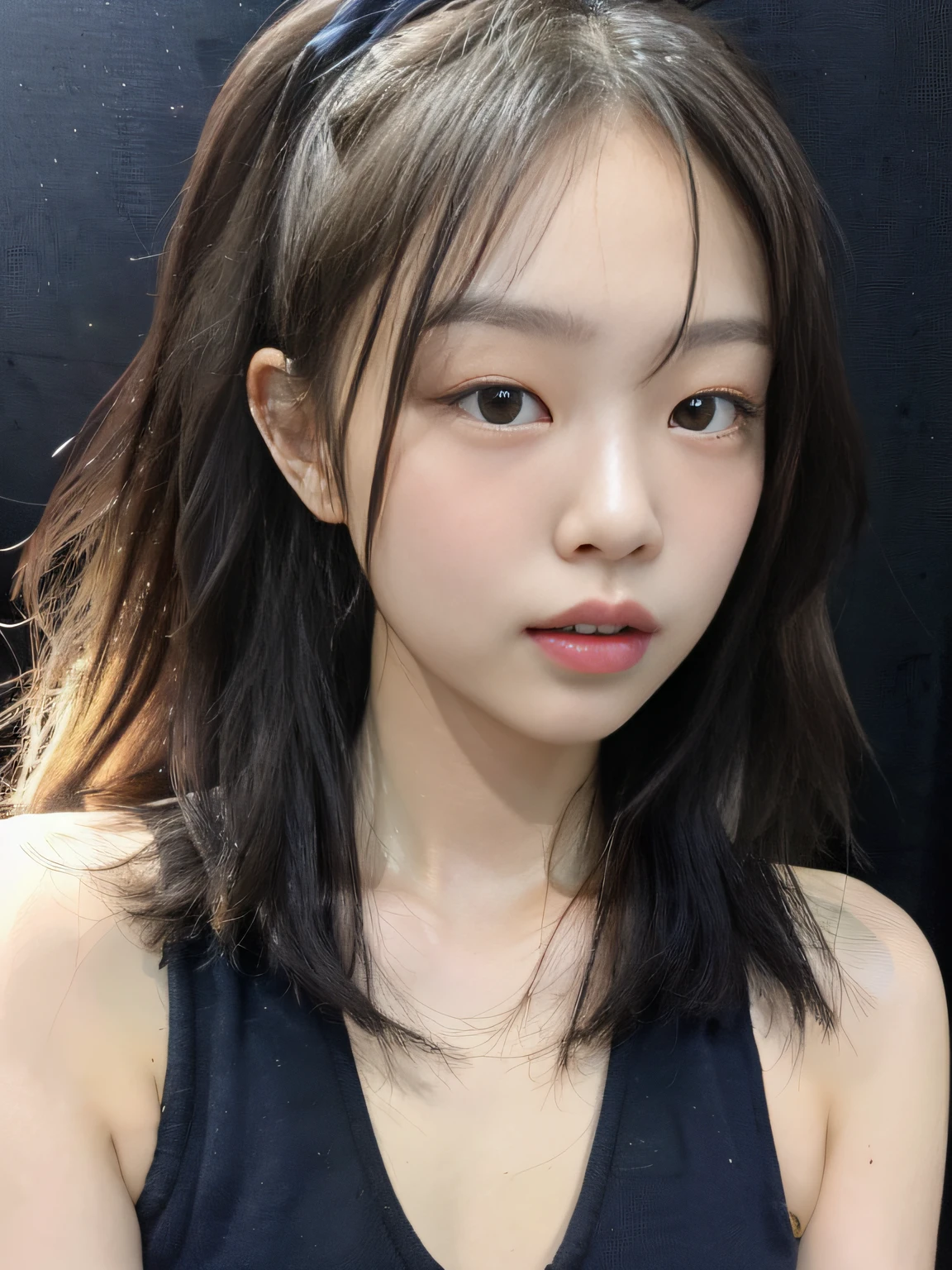 best quality, jjennie face shape, super high resolution, supermodel, (realism: 1 girl.8), RAW photo, 1 girl a girl, bare shoulders, wearing black vest, looking at the camera head-on, ID photo, sexy, black background, in the dark, deep shadow, understated, cold light