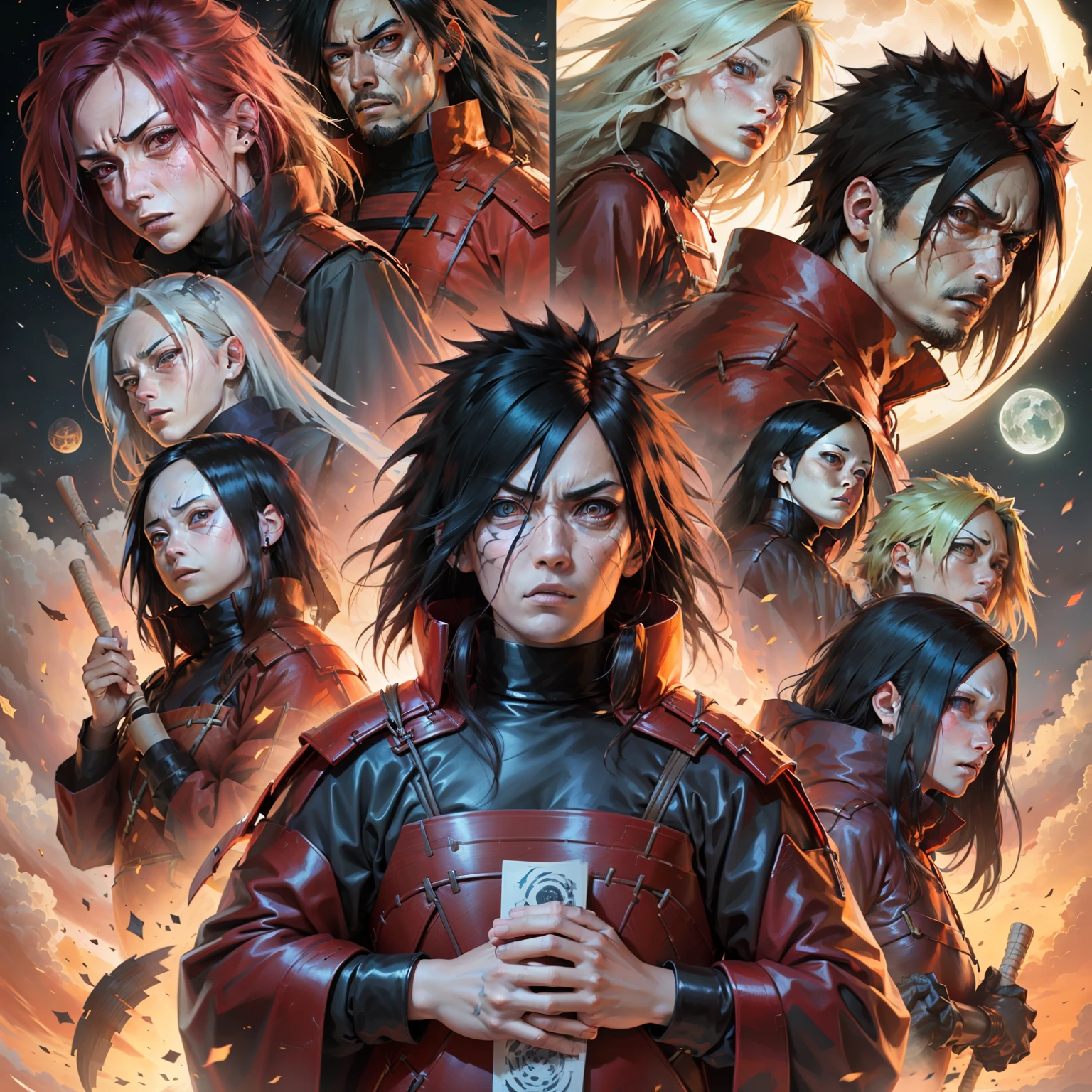 Madara Uchiha of the Six Ways,(renegade eyes), (Kaguya otsotsuki head on right hand), (Madara Six Ways staff on left hand), (dead 5 kages on the ground: kazikage Gaara, Hokage Tsunade, mizukage, raikage, tuchikage), ((background space and digital level))