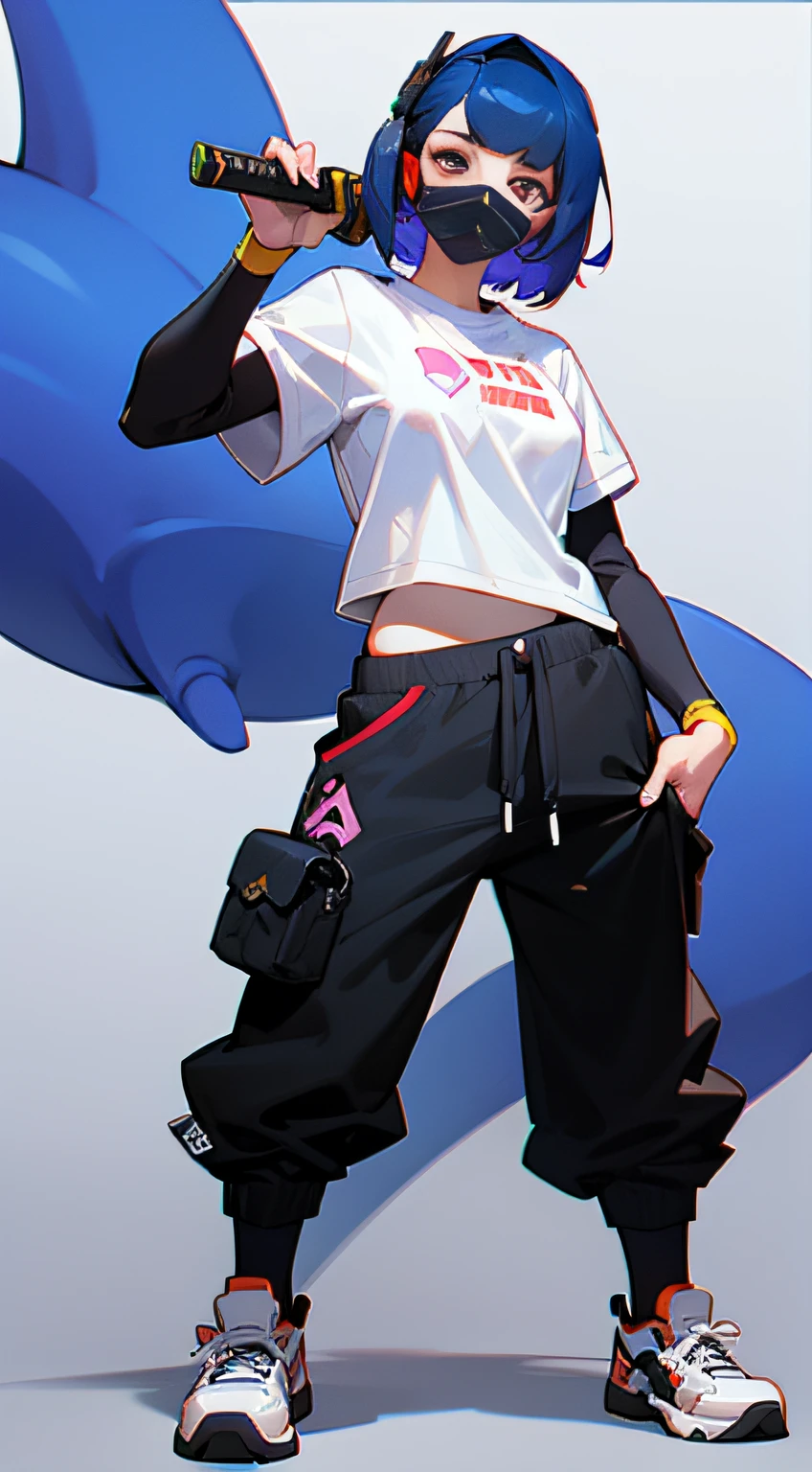 a woman with short blue hair and black lipstick, inspired by Overwatch's Leng Mei, d. va, in a wide white T-shirt, black baggy sweatpants, and full-body white high-top sneakers with a red mask, holding a ninja-style katana