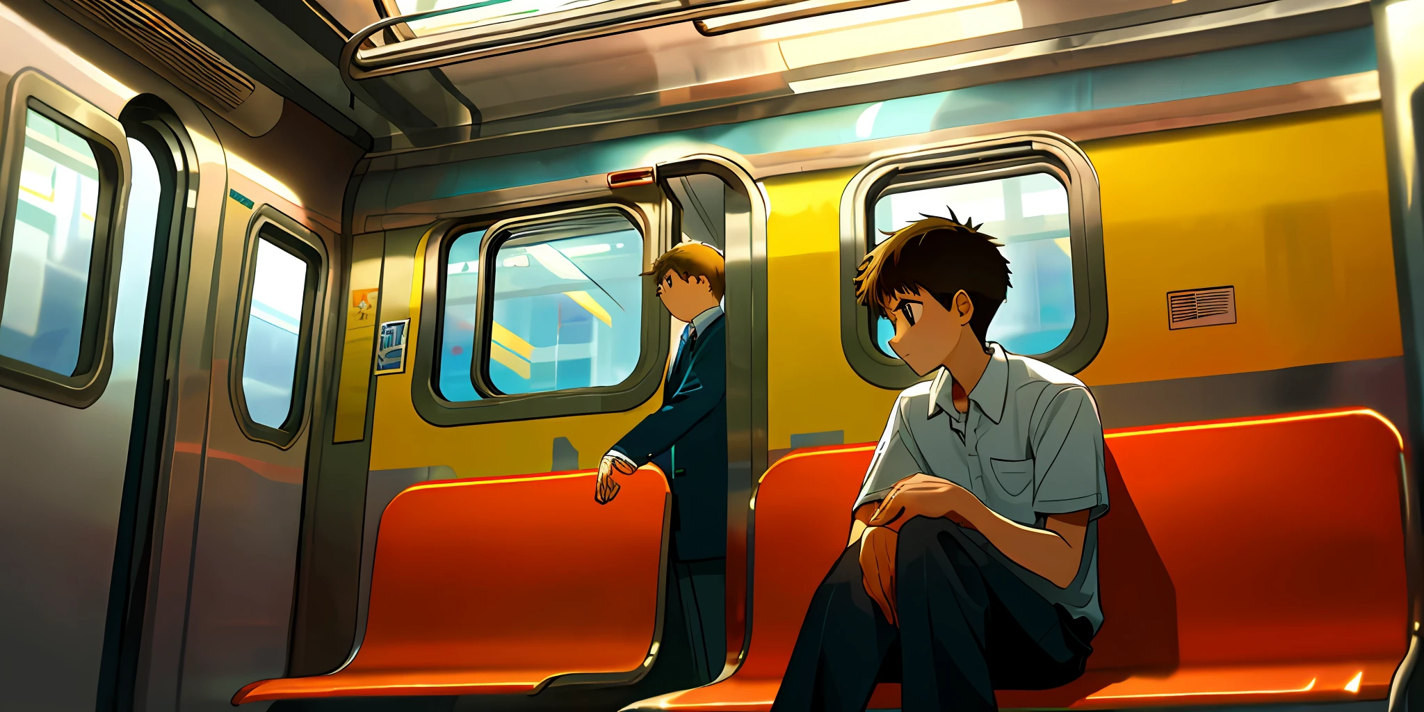 (masterpiece, best quality),1boy,Straight hair, school uniform sitting on a subway train, looking to the side, subway car door, from below, solo focus