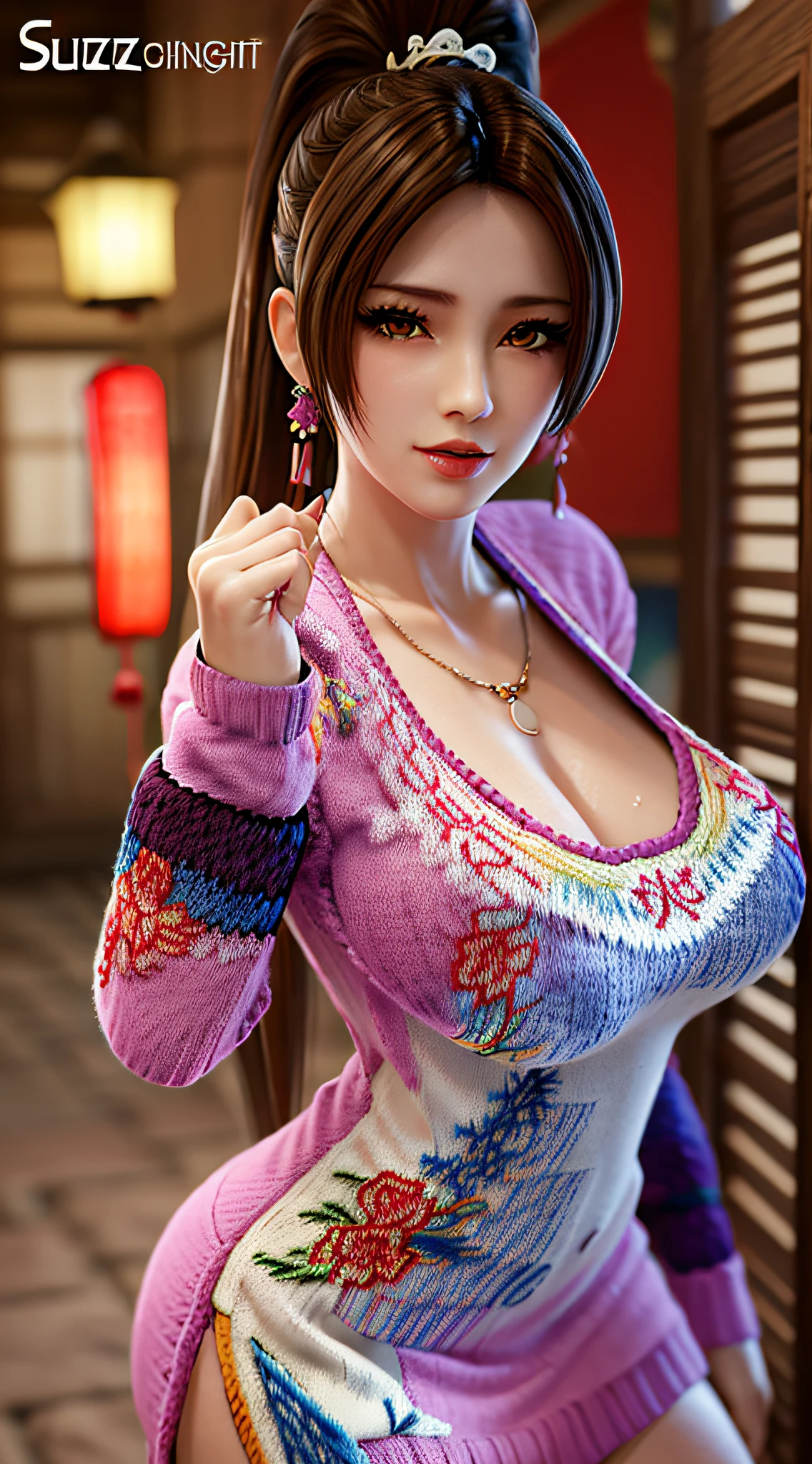 long shot,nighttime,(1girl),akiryo-mai ,Necklaces, earrings,Brownish red hair,Shy, blushing,see-through,(vibrant rainbow color scheme art; Suzhou embroidery technology; knitted sweater hole dress:1.6),(sweat:1.25), (Rose-tattoos :1.2) ,(((solo))),depth of field,(Masterpiece:1.5),(best quality:1.4),extremely detailed ,3D,Cinema-4D , 8k,Photorealistic ,( Charming female body), (gigantic breasts),Facing the camera, Pink lips,(((Finger details))),Subject centered,(((Extra hands))), (((extra legs))),