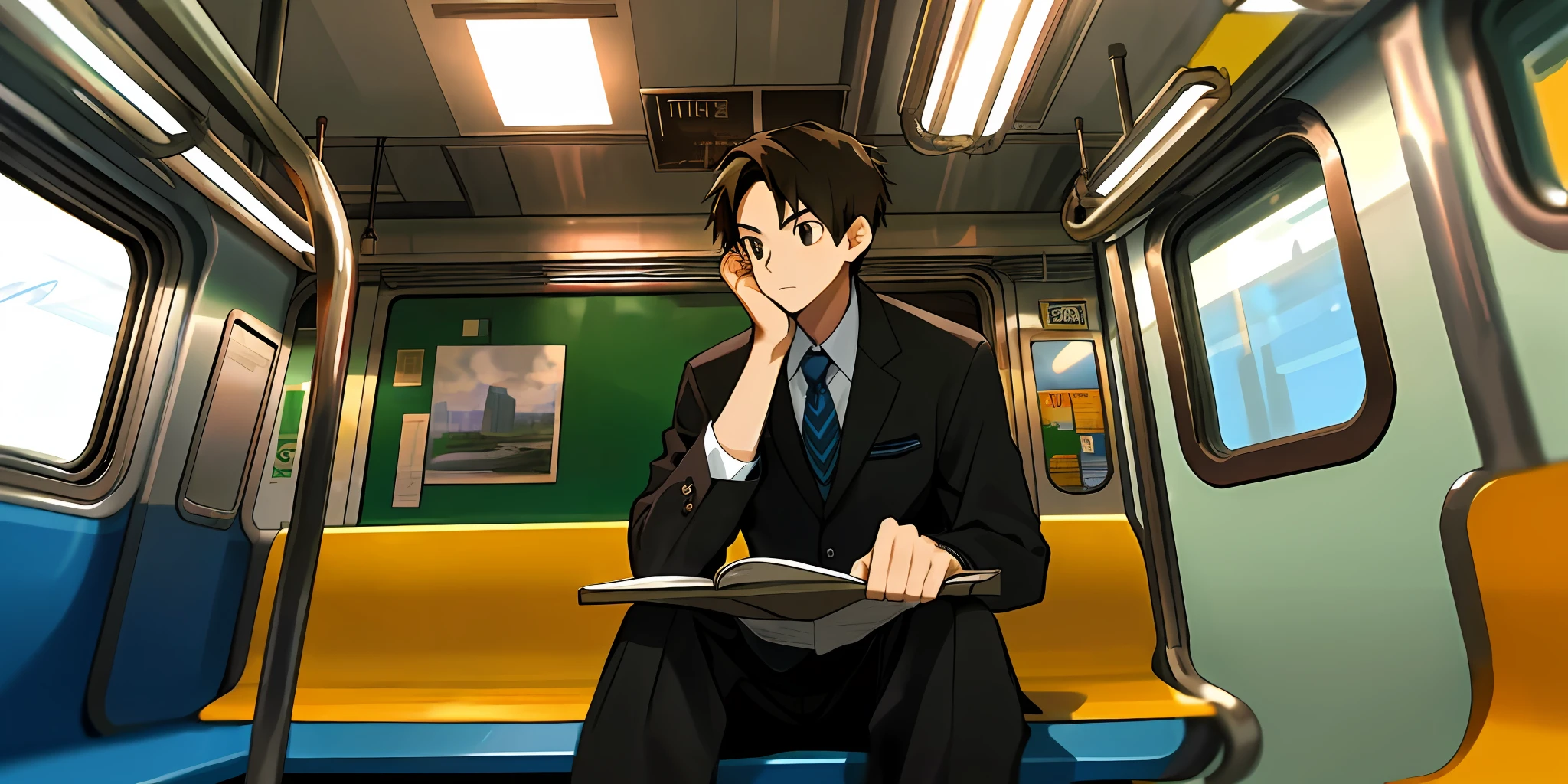 (masterpiece, best quality),1boy,Straight hair, school uniform sitting on a subway train, looking to the side, subway car door, from below, solo focus