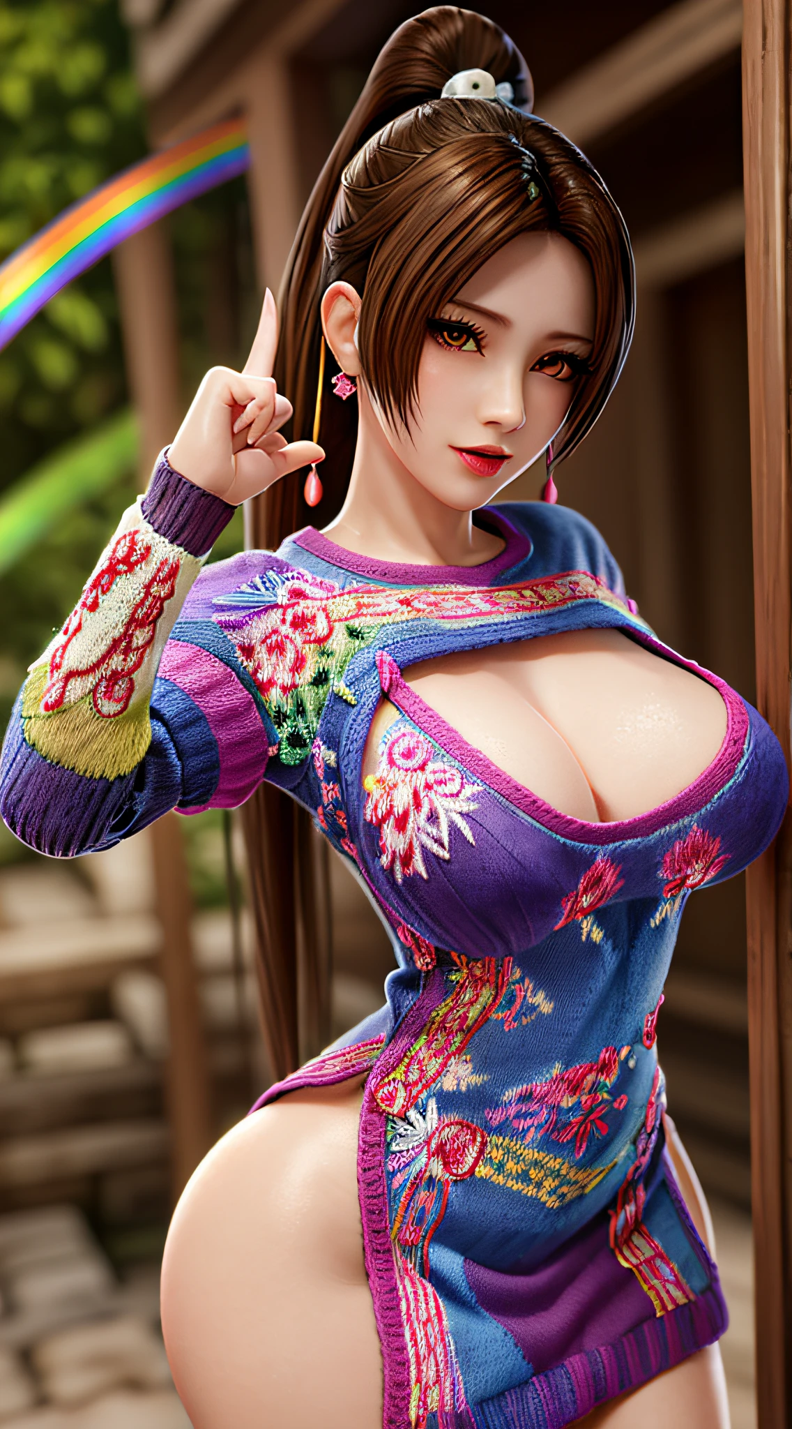 long shot,nighttime,(1girl),akiryo-mai ,Necklaces, earrings,Brownish red hair,Shy, blushing,see-through,(vibrant rainbow color scheme art; Suzhou embroidery technology; knitted sweater hole dress:1.6),(sweat:1.25), (Rose-tattoos :1.2) ,(((solo))),depth of field,(Masterpiece:1.5),(best quality:1.4),extremely detailed ，3D,Cinema-4D , 8k,Photorealistic ,( Charming female body), (gigantic breasts),Facing the camera, Pink lips,(((Finger details))),Subject centered,(((Extra hands))), (((extra legs))),