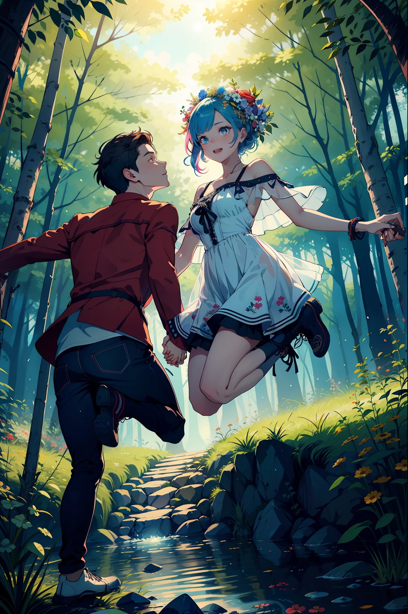 Masterpiece, high quality, guy and girl holding hands, Ukrainian symbols, Ukrainian national costumes, boho style, in a transparent, in the forest (((jumping over the fire fire))) neon garland, nights, neon lights, romance, happiness, love, lovers, holiday, plants, starry sky, galaxies, magic around them, magic, Flowers, fern, beautiful sunset, fun, flower arrangements, wreaths of flowers on the head, river, forest, flower meadow, willow, willow trees, 8k, multicolored, full-color pattern,