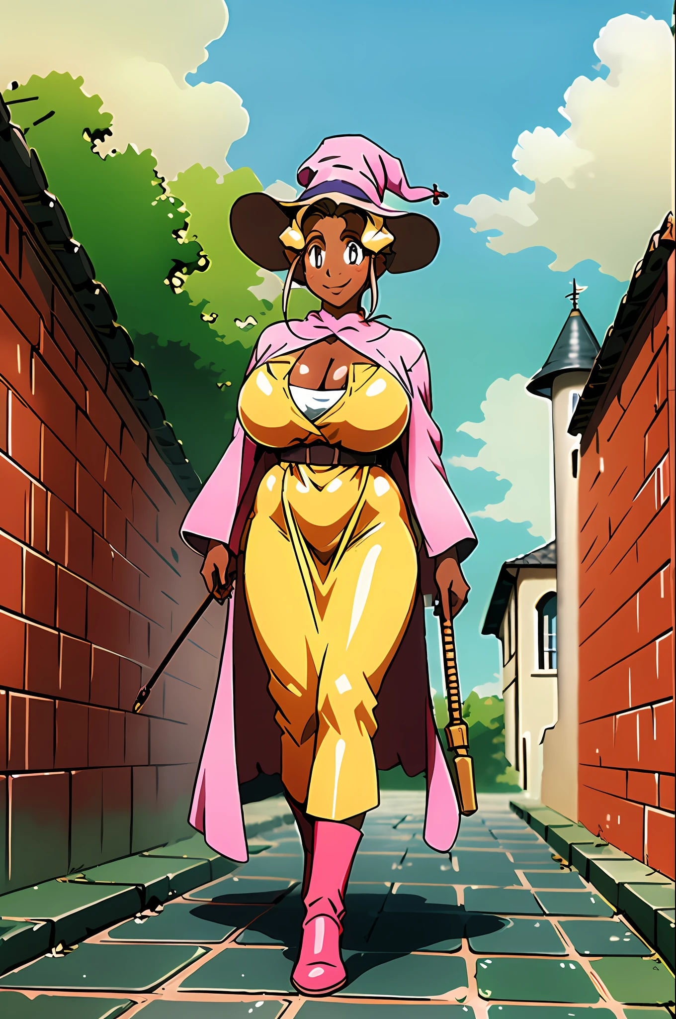 masterpiece, 1girl, Kuramitsu mihoshi, brown hair, dark skin, wizard hat, wizard robes, holding staff, smiling, blush, castle, brick floor, medieval, dust, fog, sunny, clouds, s, walking, full body, huge breast, thicc