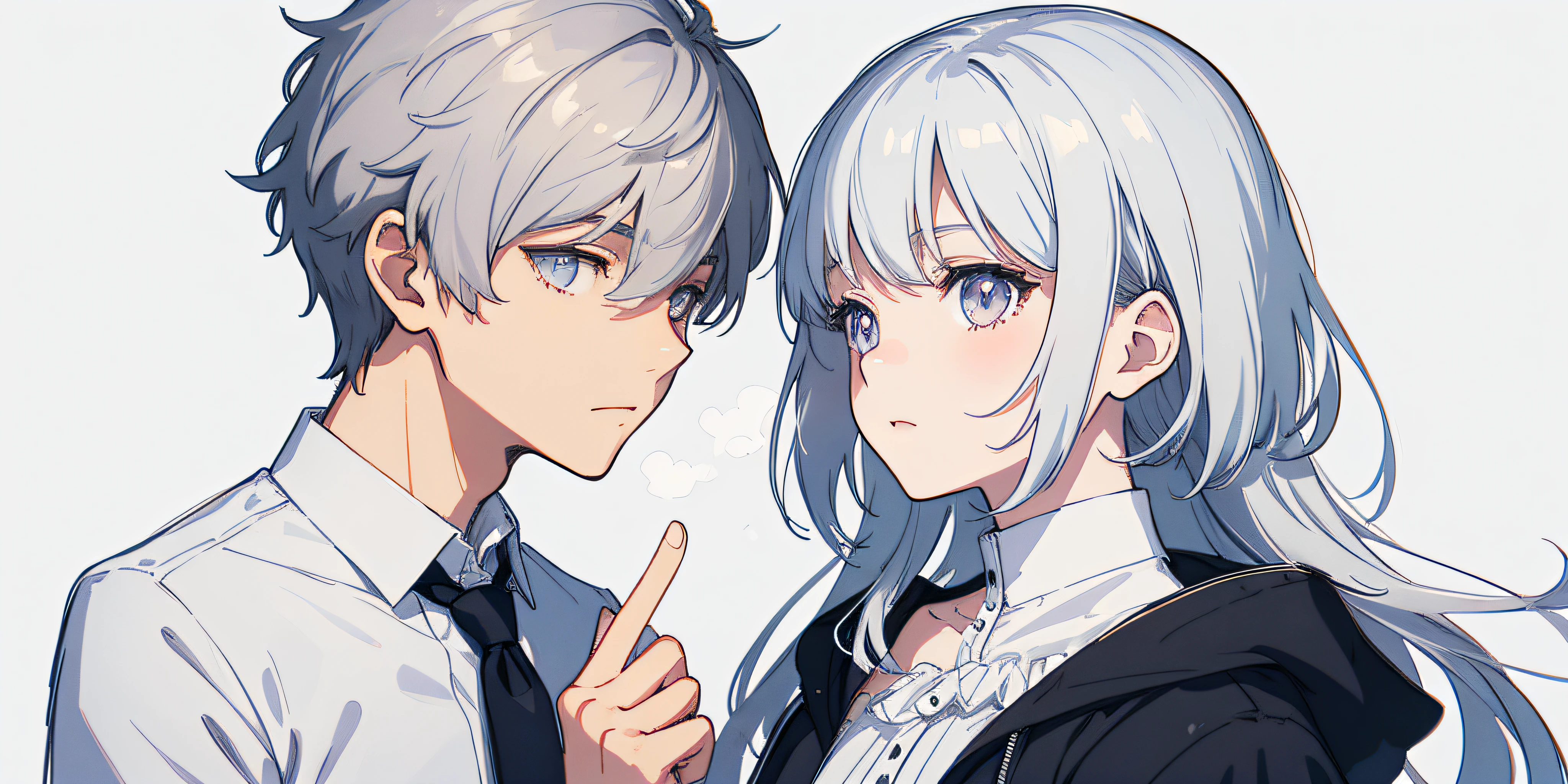 Upper body, a boy, a girl, shirt, short hair, silver hair, silver eyes, very long hair, looking at you, white background, cute expression, hazy romanticism, charming sketch, anime illustration face,