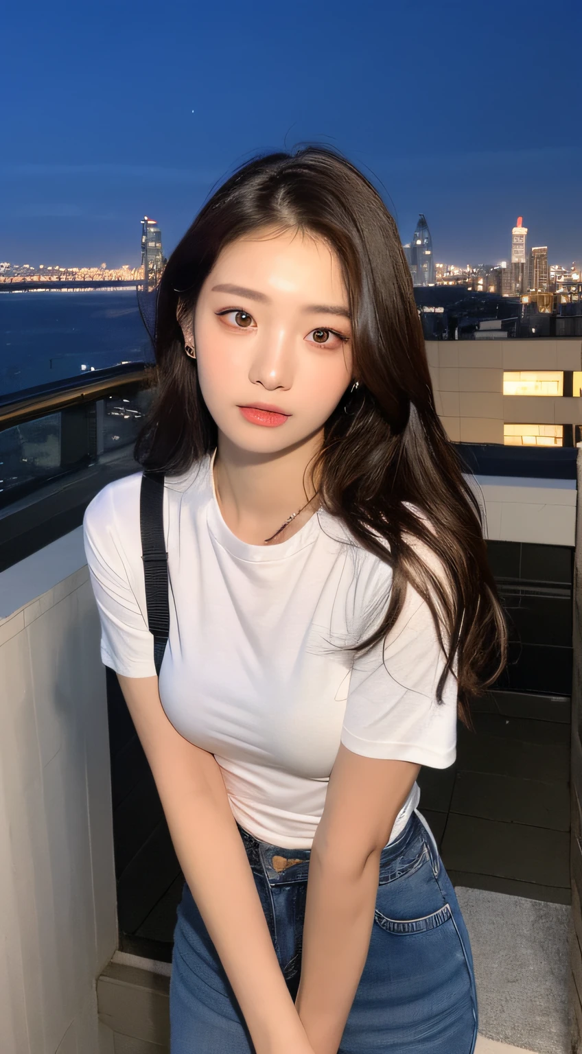 ((Midnight, Best quality, 8k, Masterpiece :1.3)), Whole body, Long legs, Sharp focus :1.2, A pretty woman with perfect figure :1.4, Slender abs :1.1, ((Dark brown hair, Big breasts :1.2)), (White tight tshirt, Jean bib, Standing:1.2), ((Night city view, Rooftop:1.3)), Highly detailed face and skin texture, Detailed eyes, Double eyelid
