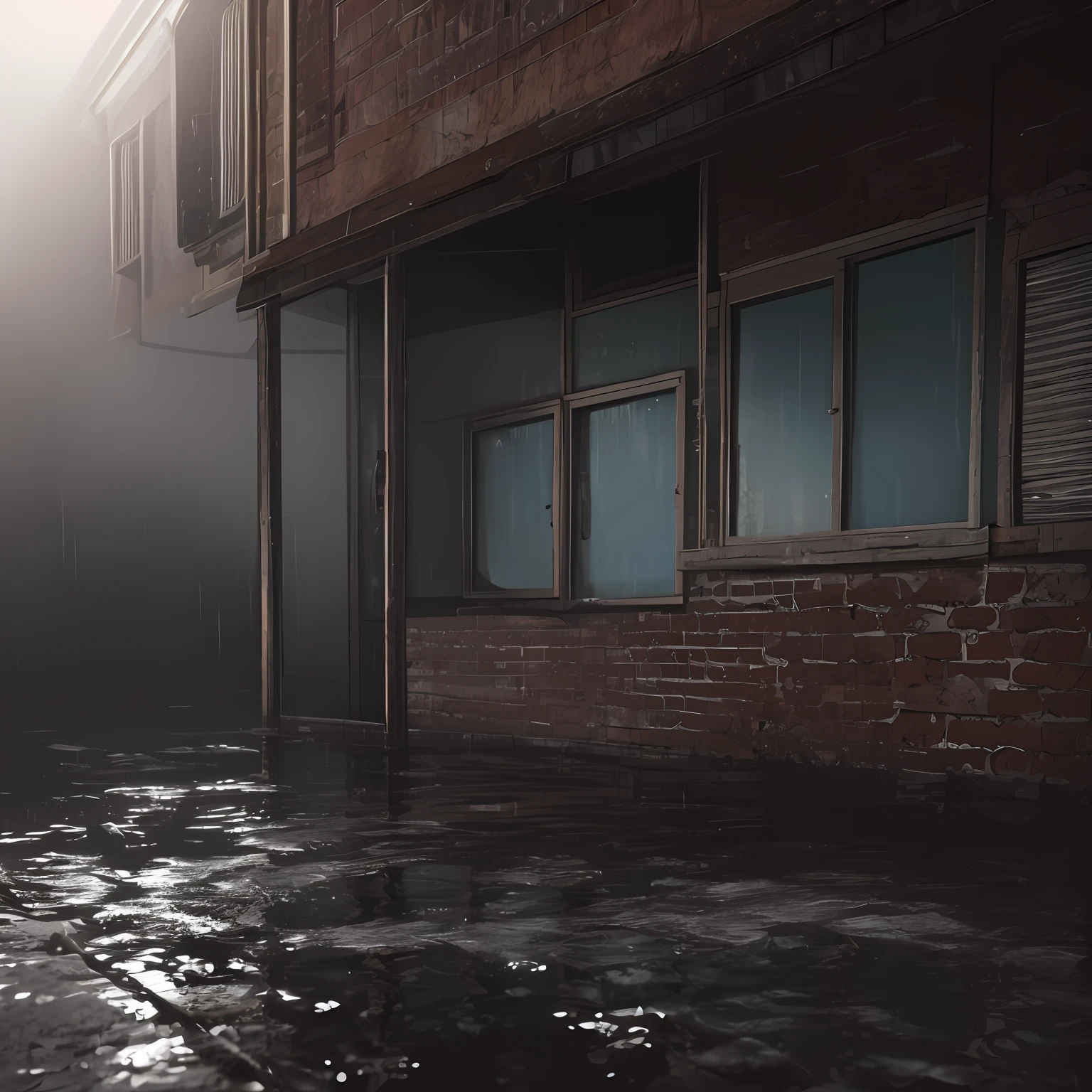 Professional architectural photography, an old garage with windows and cinematic lighting, wet floor with puddles of water, fog, background with complementary colors, ultra realistic, intricate details, realistic textures, depht de fied, octane render, nikon z8 - - air 2:3 --auto