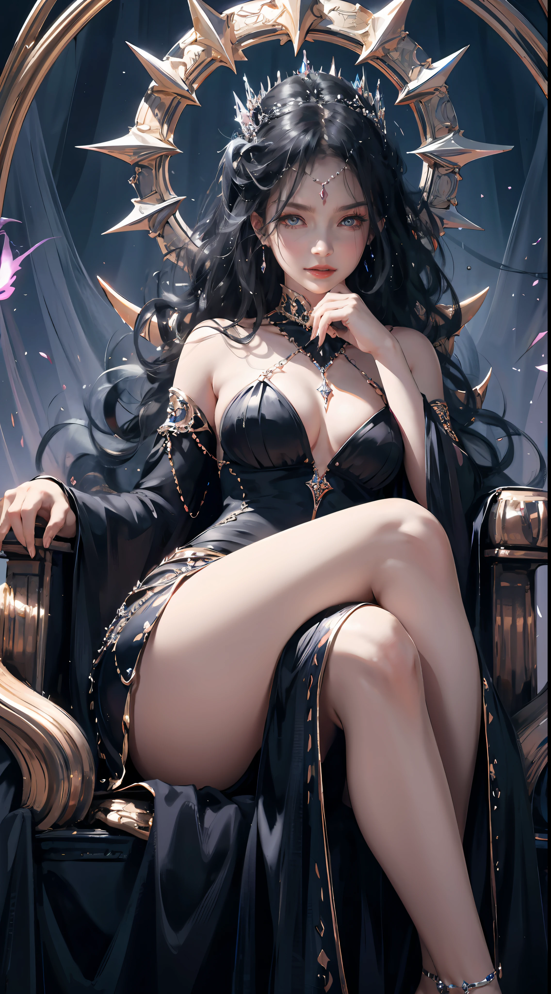 Classic background, Queen of Darkness sitting on a throne, facing the viewer, one hand on chin, blue eyes, mischievous laughter, glowing eyes, black hair, long wavy hair, princess, elegant long dress, from below, dynamic, wlop,