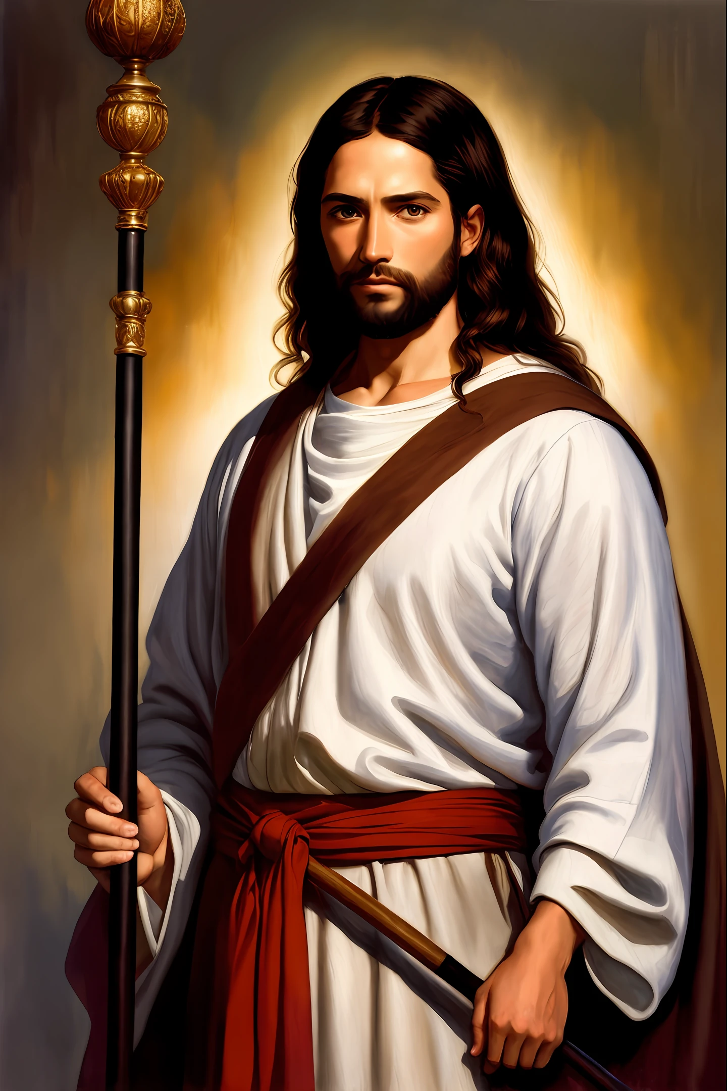 A beautiful ultra-thin realistic portrait of Jesus, the prophet, a 33-year-old man Hebrew brunette, short brown hair, long brown beard, in a temple, with staff in hand, wearing long linen tunic closed at the chest part, in front view, full body, biblical, realistic,by Diego Velázquez,Peter Paul Rubens,Rembrandt,Alex Ross,8k, Concept Art, PhotoRealistic, Realistic, Illustration, Oil Painting, Surrealism, HyperRealistic, brush brushes, Digital art, style, watercolor