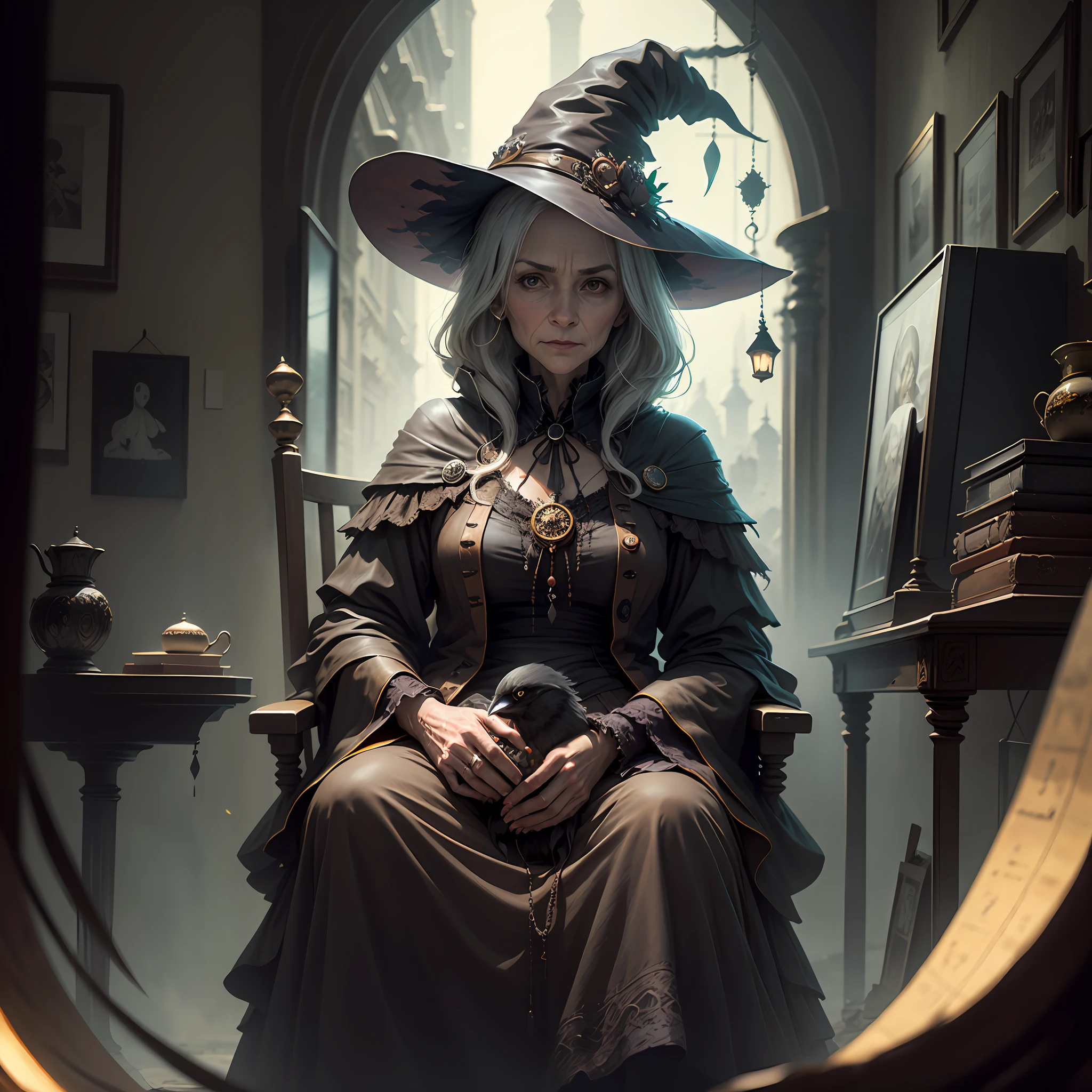 An old witch sitting in a calddirao chair in the background and she's holding a sonyster crow --auto
