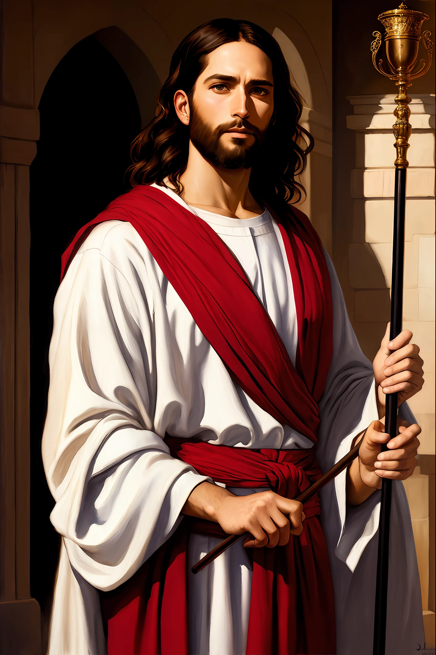A beautiful ultra-thin realistic portrait of Jesus, the prophet, a 33-year-old man Hebrew brunette, short brown hair, long brown beard, in a temple, with staff in hand, wearing long linen tunic closed at the chest part, in front view, full body, biblical, realistic,by Diego Velázquez,Peter Paul Rubens,Rembrandt,Alex Ross,8k, Concept Art, PhotoRealistic, Realistic, Illustration, Oil Painting, Surrealism, HyperRealistic, brush brushes, Digital art, style, watercolor