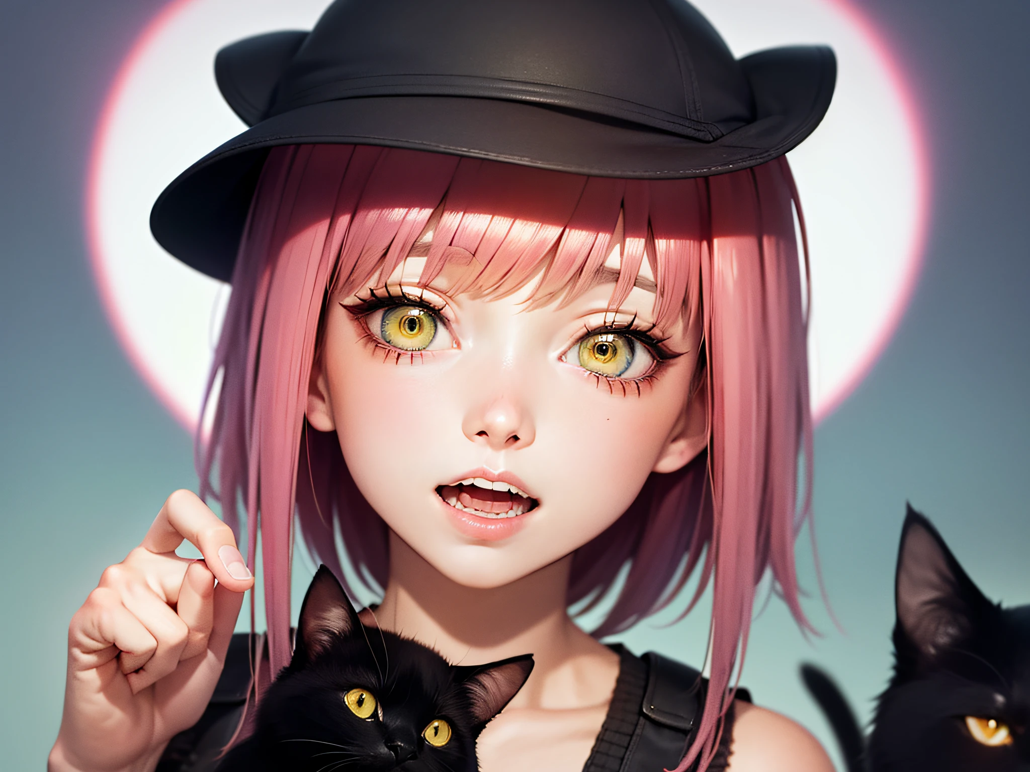 An anime girl with pink hair and green eyes with a surprised expression on her face and a black cat hat, (1girl:0.992), (:d:0.583), (bangs:0.701), (blush:0.584), (Green Eyes: 0.992), (Looking at the Audience: 0.711), (Open Mouth: 0.760), (Pink Hair: 0.917), (Ribbon: 0.826), (Short Hair: 0.571), (Smile: 0.855), (Solo: 0.949), (Teeth: 0.770), (Upper Body: 0.760)