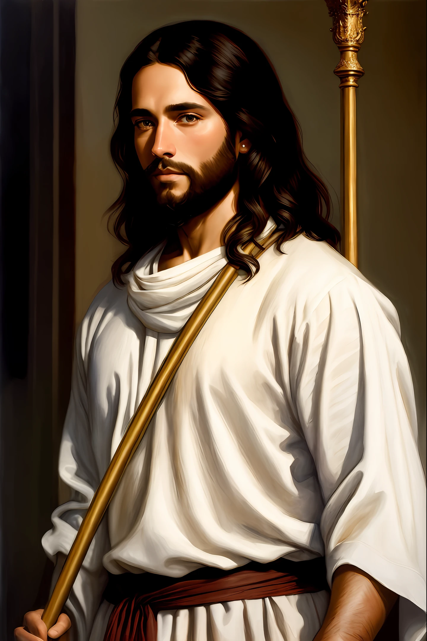 A beautiful ultra-thin realistic portrait of Jesus, the prophet, a 33-year-old man Hebrew brunette, short brown hair, long brown beard, in a temple, with staff in hand, wearing long linen tunic closed at the chest part, in front view, full body, biblical, realistic,by Diego Velázquez,Peter Paul Rubens,Rembrandt,Alex Ross,8k, Concept Art, PhotoRealistic, Realistic, Illustration, Oil Painting, Surrealism, HyperRealistic, brush brushes, Digital art, style, watercolor