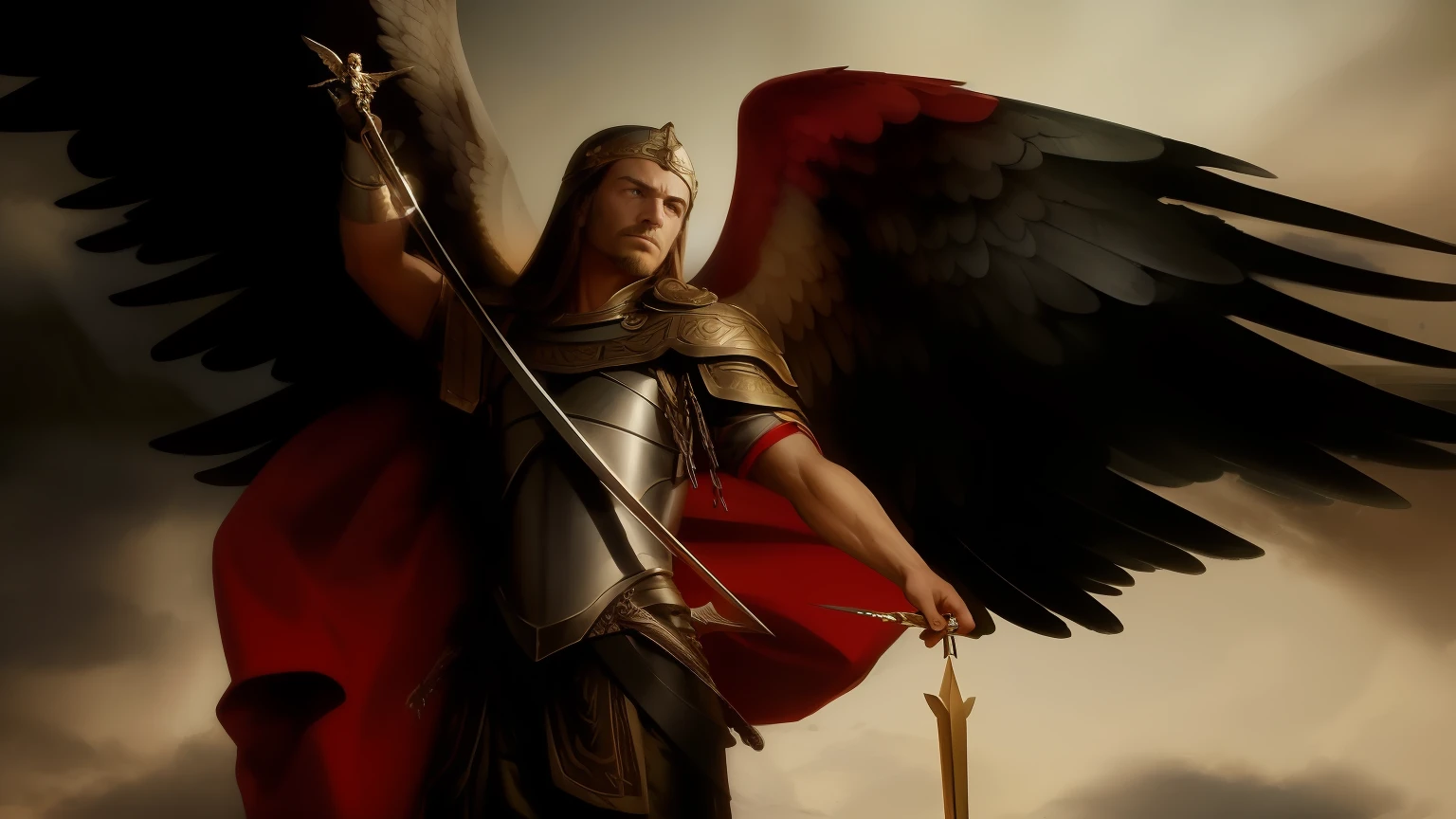 arafed image of a man with a sword and scales on his arm, archangel michael, archangel, saint michael the angel, totalitarian socialist angel, lucifer, biblical accurate angel, by Aleksander Gierymski, justice, angel protecting man, cupid, by Roman Bezpalkiv, angel, by Aleksander Kotsis