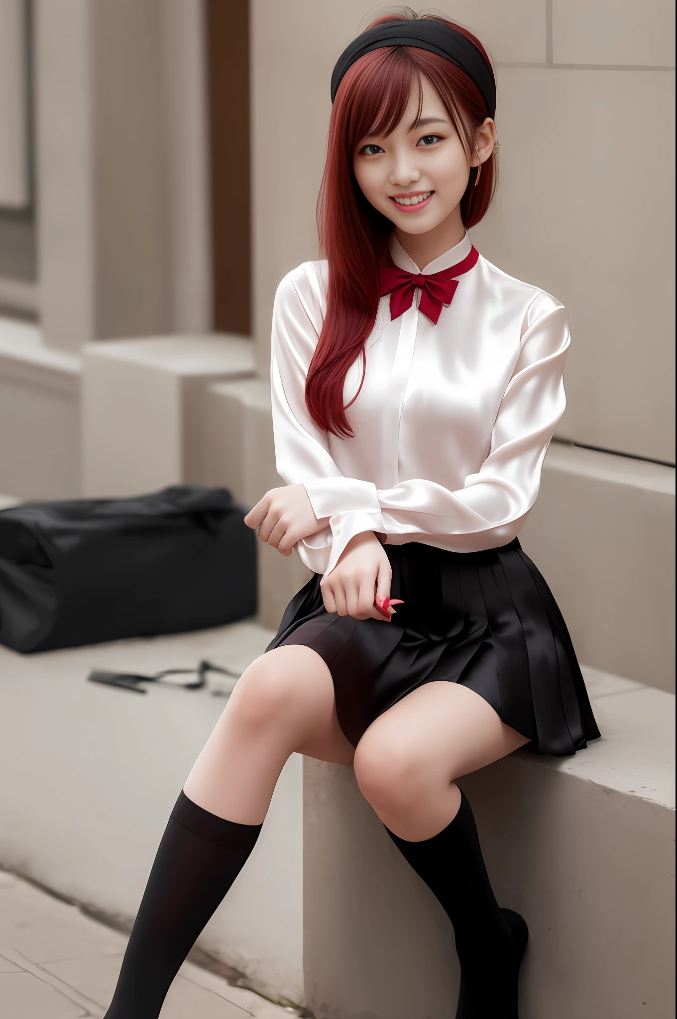 Beautiful Chinese 18 year old woman, ((((silk)))) blouse, elaborate large silk ribbon bow tie, short pleated skirt, blazer, short (black)wavy hair, red (hair band), masterpiece, best quality, smiling, cute, knee high socks