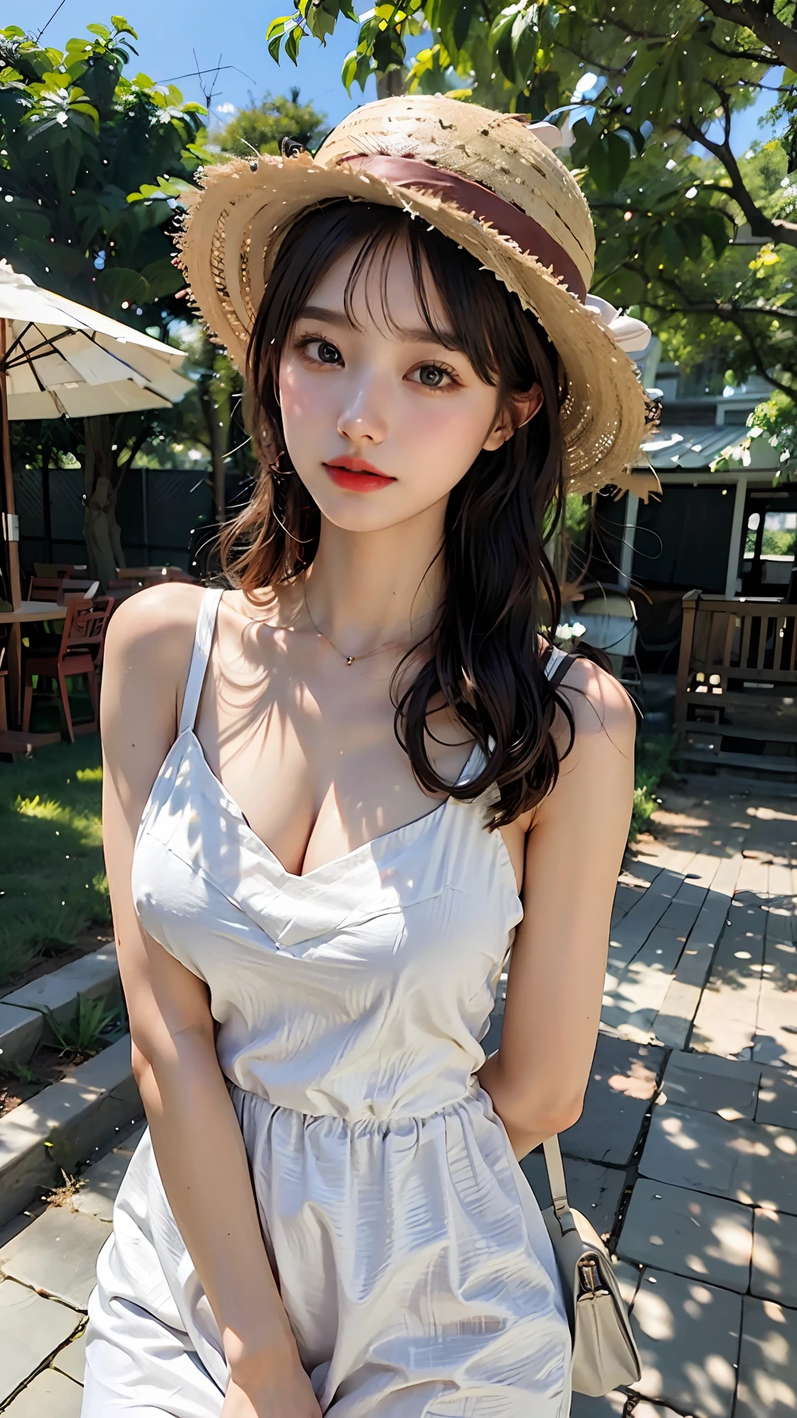 huge breasts, beautiful girl, high image quality, like taken with a SLR, summer clothes, straw hat, clothes, dress