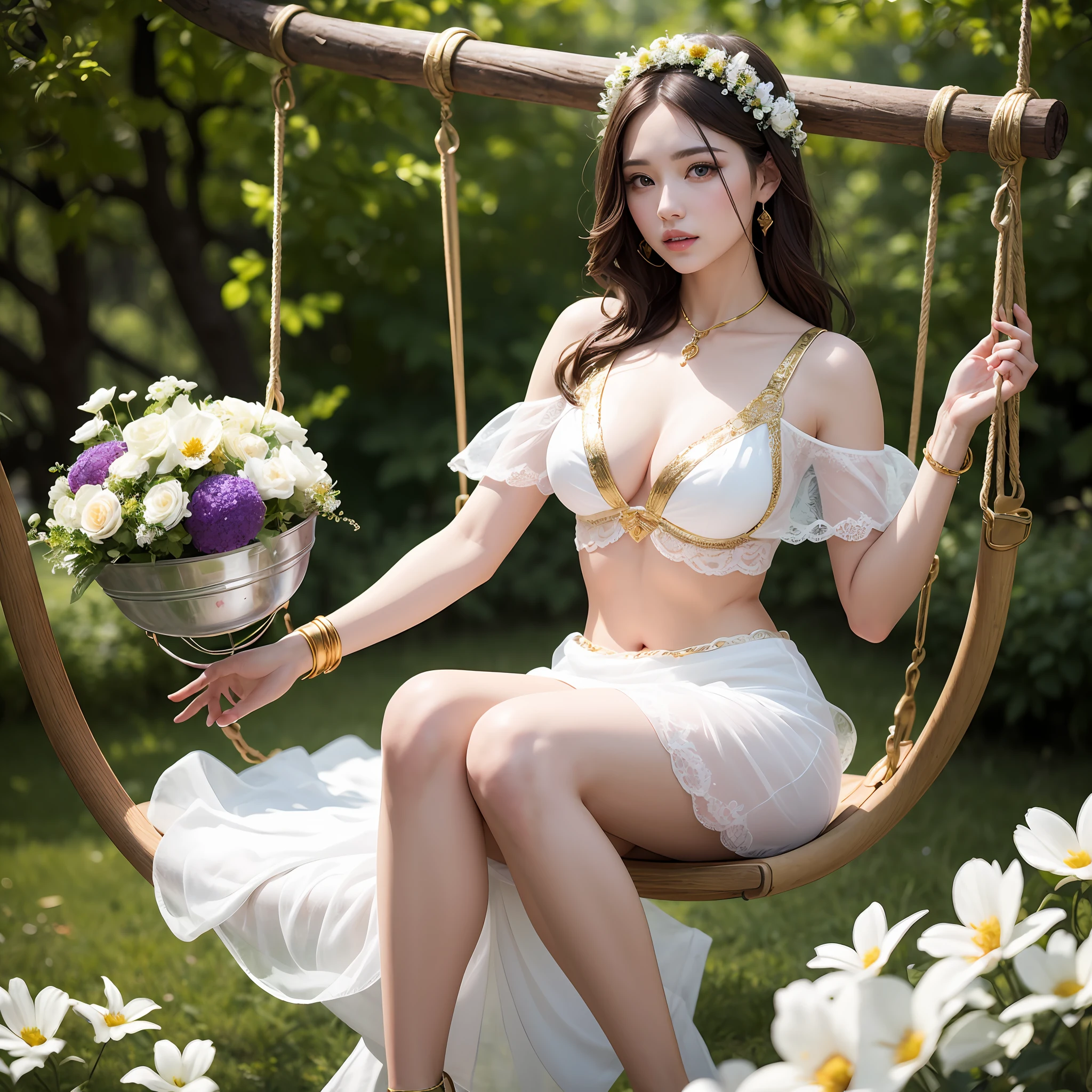 Goddess Aphrodite with sculptural body hair in the wind, transparent white skirt with gold accessories, and on a swing made of flowers. I know how to look is charming of magic and seduction, hyperrealistic image --auto