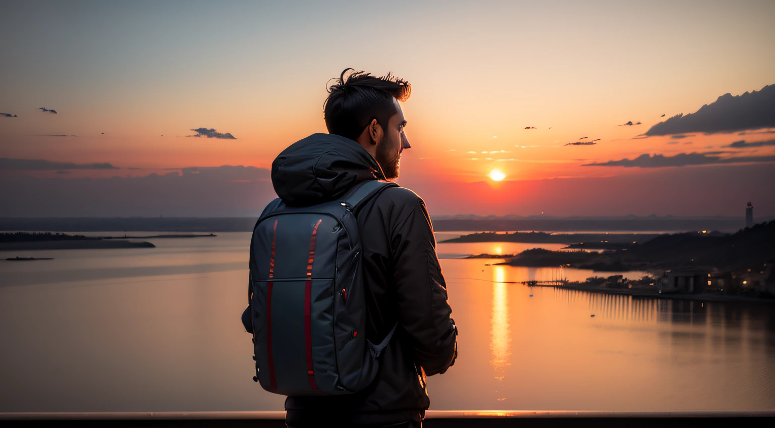 Man in his 30s, with backpack on his back, looking to the side, in front of the sunset --auto