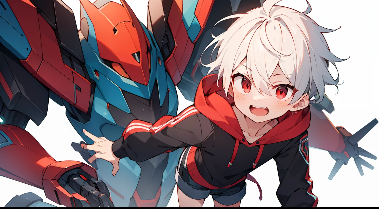 high-quality, breathtaking),(expressive eyes, perfect face), 1boy, solo, short, young boy, short white hair, red eyes, black cyber hoodie, wear short shorts, smilling, in a mecha