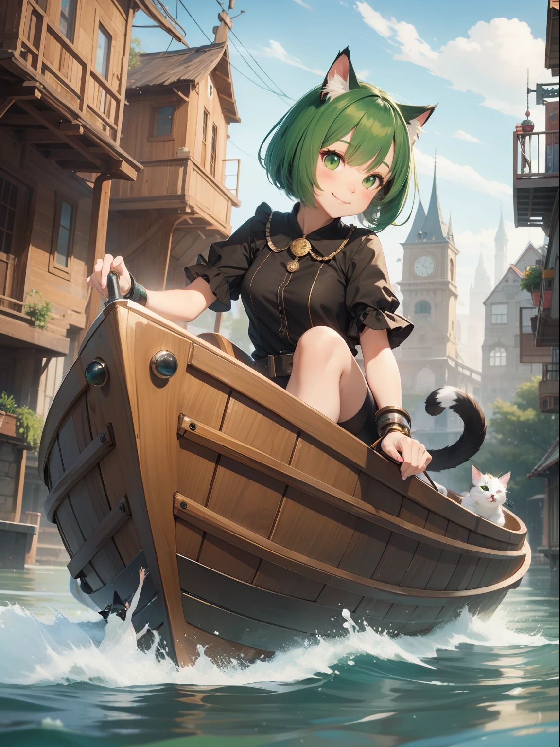 Round cute cat shaped mechanical boat, cat girl, green short bob hair, green eyes, smile, fantasy