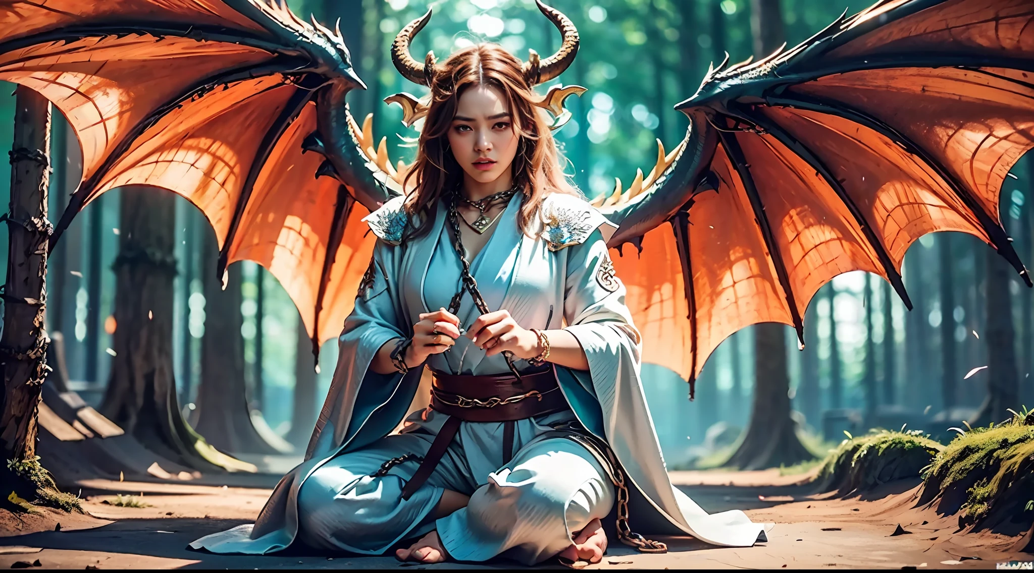 A beautiful girl with a rainbow dragon, ((girl wearing a long robe)), (wearing chain mail: 1.4), (long cloth pants: 1.2), (chain mail with dragon scales), long hair, graceful, wisdom, courage, rainbow dragon, scales, horns, flames, wings, dragon claws, dragon protecting the girl, background for ancient forest, mysterious connection, protection, trust, realistic quality, realism, 8k, best quality, masterpiece, cinematic quality, high chiaroscuro, octane rendering