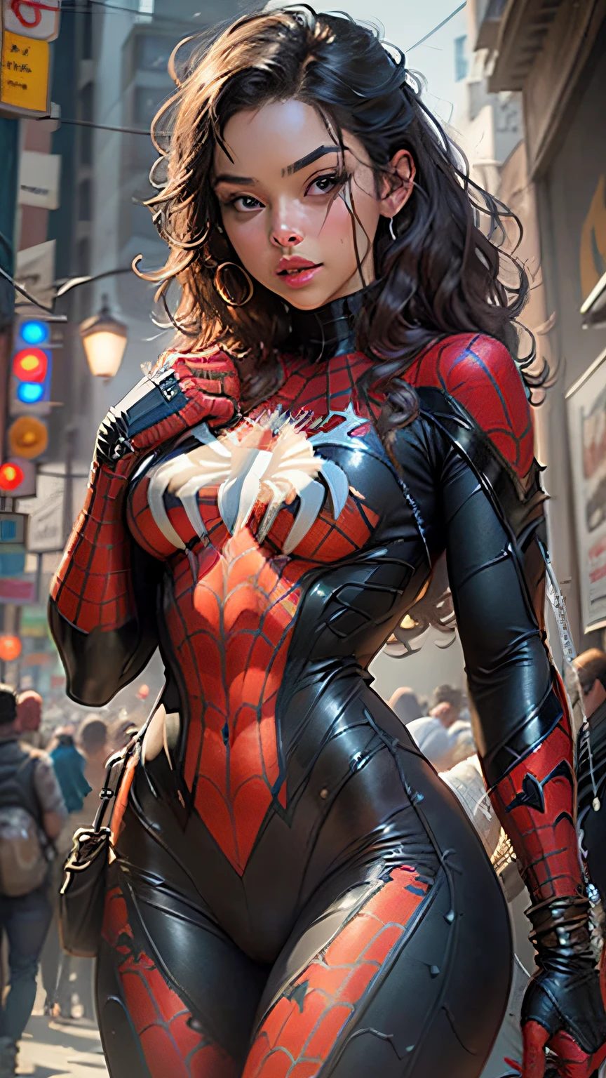 Beautiful woman detailed defined body using Spider-Man role-playing
