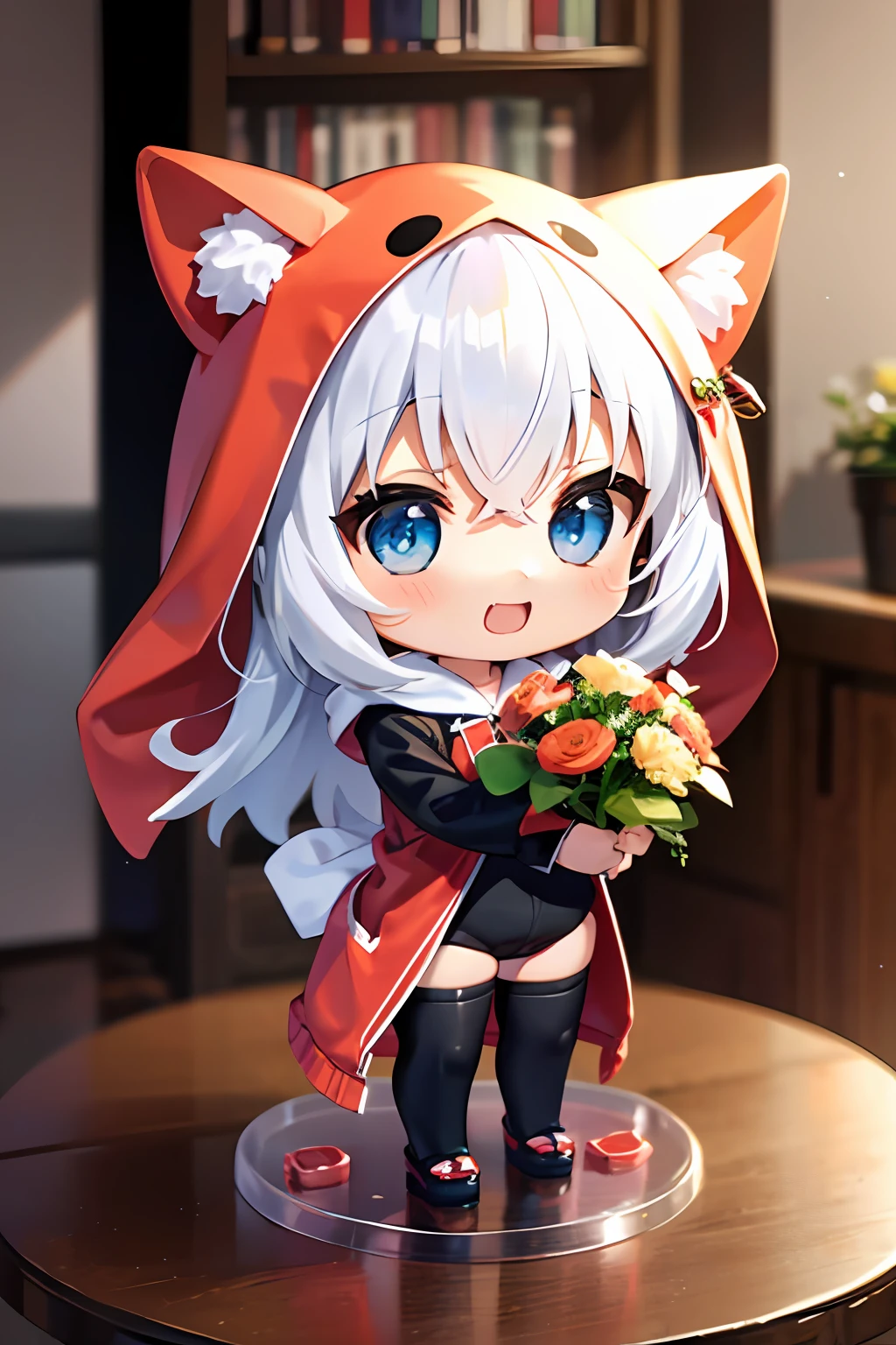 (Chibi: 1.3), happy, (holding a bouquet), full body, (Kigurumi), indoors, on the table, (Nendoroid),