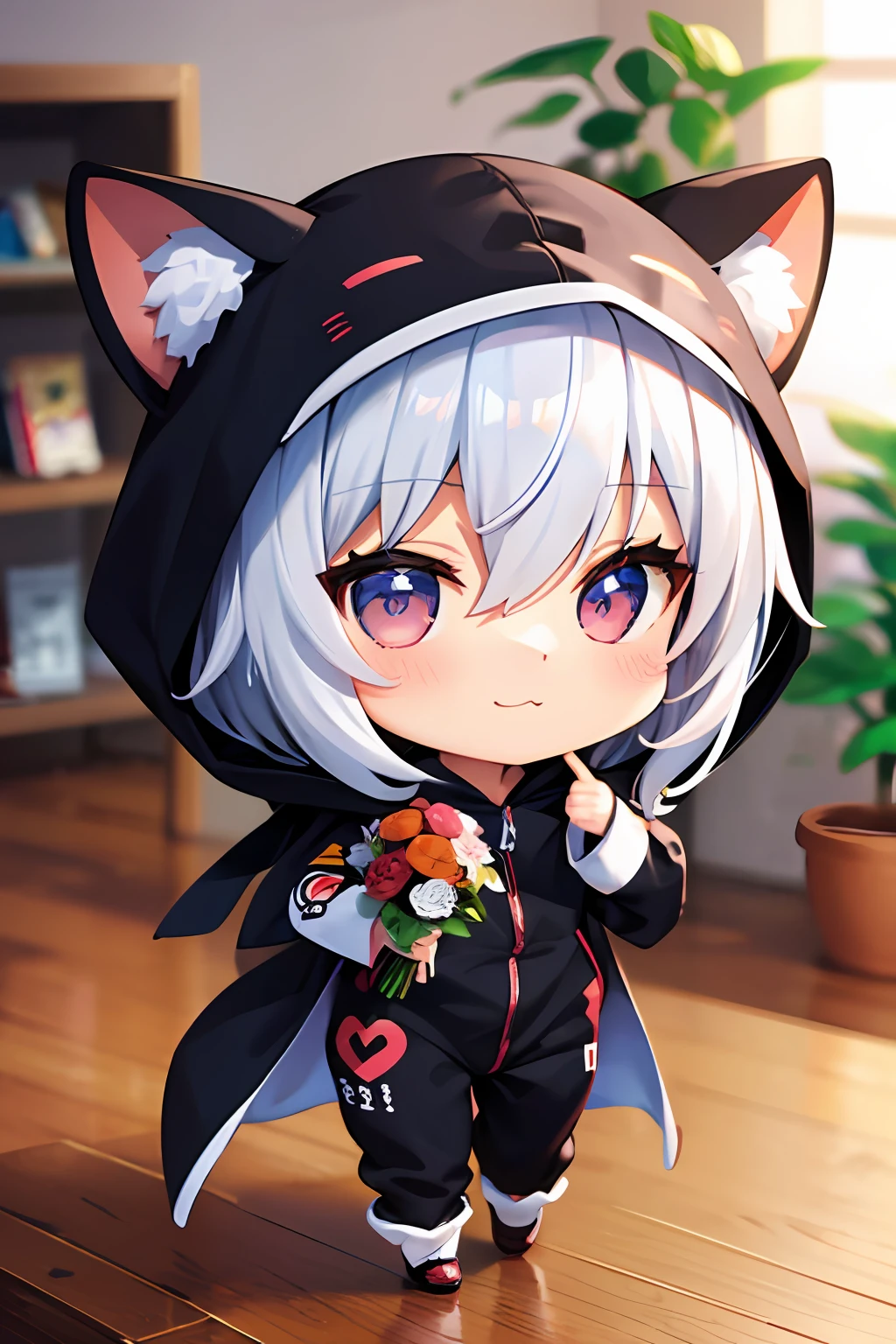 (Chibi: 1.3), happy, (holding a bouquet), full body, (Kigurumi), indoors, on the table, (Nendoroid),