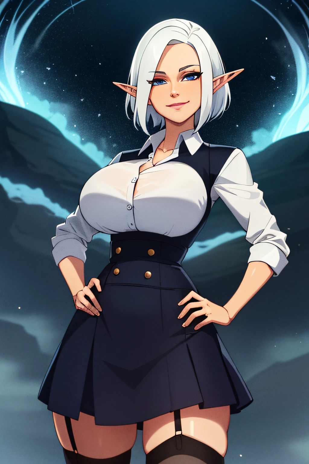 (masterpiece, best quality, high quality, high resolution: 1.4), detailed, extremely detailed, soft ambient lighting, 4K, 1girl elf, (mature female, milf: 1.2), (short hair, square, white hair, long side locks: 1.3), (blue eyes, smile, determined: 1.2), busty, wide hips, thick thighs, (shirt, skirt, garter, tights: 1.3), (teacher, hand on hip: 1.4), fantasy, outdoor, storm, sky, particles of light,  Swirling magic, ambient magic