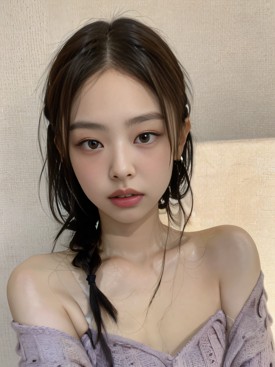 Best Quality, Jjennie Face Shape, Ultra High Resolution, Supermodel, (Realism: 1 Girl.8), RAW Photo, 1 Girl One Girl, Bare Shoulders, Colored Dirty Braids, In the Dark, Deep Shadow, Understated, Cold Light