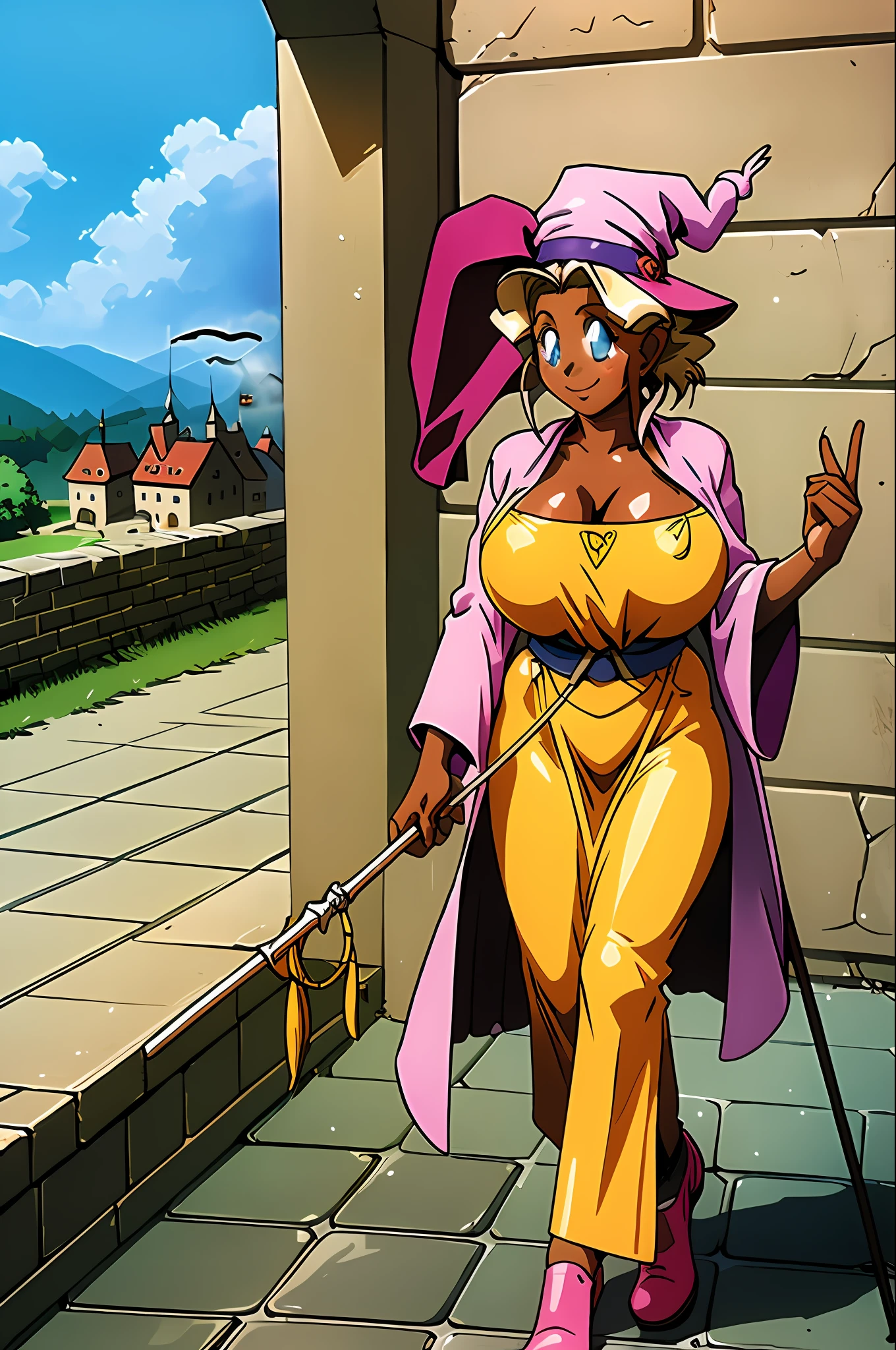 masterpiece, 1girl, Kuramitsu mihoshi, brown hair, dark skin, wizard hat, wizard robes, holding staff, smiling, blush, castle, brick floor, medieval, dust, fog, sunny, clouds, s, walking, full body, huge breast, thicc, blue eyes