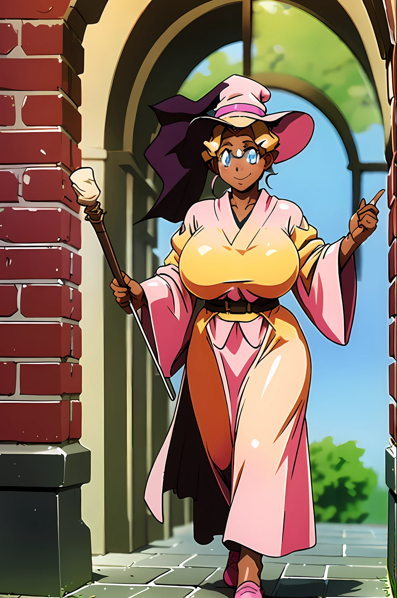 masterpiece, 1girl, Kuramitsu mihoshi, brown hair, dark skin, wizard hat, wizard robes, holding staff, smiling, blush, castle, brick floor, medieval, dust, fog, sunny, clouds, s, walking, full body, huge breast, thicc, blue eyes