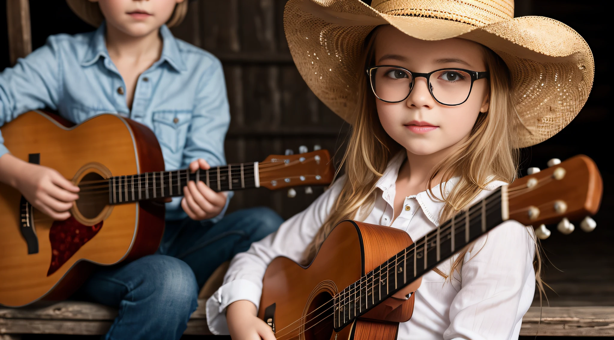  Russian child girl,e up, PORTRAIT, with long blonde hair, in a cowboy hat playing a guitar in a barn, wearing cowboy hat, photo shoot, wearing a cowboy hat, promotional photo, and a cowboy hat, cowboy hat and glasses, pr shoot, photo of a promotional session,  TV still, photo - shooting, cowboy shot, shaded, country