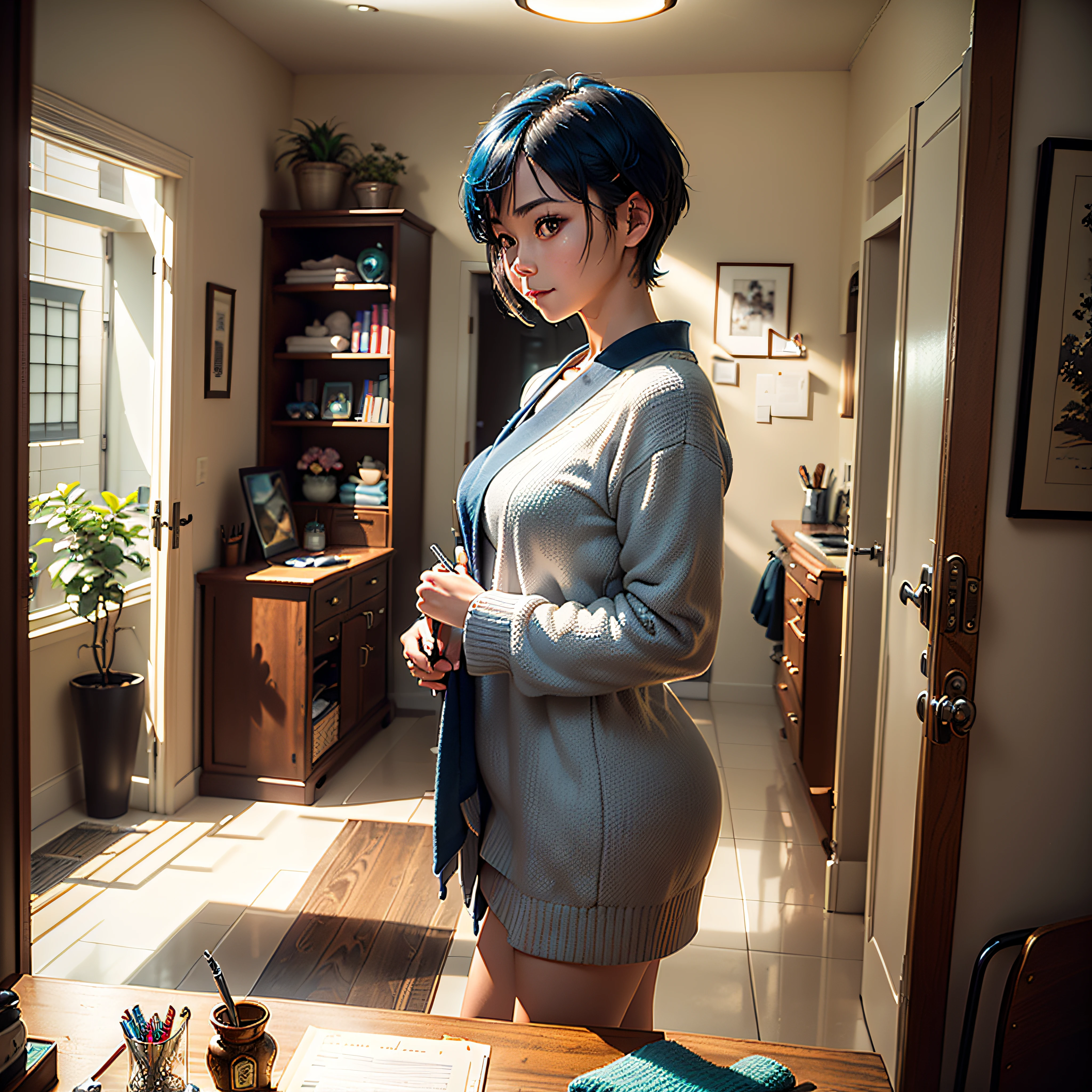 (masterpiece, highest quality, highest resolution, distinct_image, very elaborate CG, cinematic lighting, ray tracing, drop shadows, detailed detail, (photorealistic: 1.4), high quality textures, fine-grained, realistic face expression): (lone girl, face is Japan, short blue hair, small size breasts, sparkling eyes, Eye level shot, light smile, beauty, slim body, holiday, bedroom, console game, computer, bath, bath towel, hair dryer to dry hair, radio, coffee, model train, bookshelf, spacious chair, pot, fan, painting, stuffed animal, tie, notebook, stationery, vase, photo frame, letter, fountain pen, calendar, lamp, Cushions, baskets, mirrors in profile, candles)