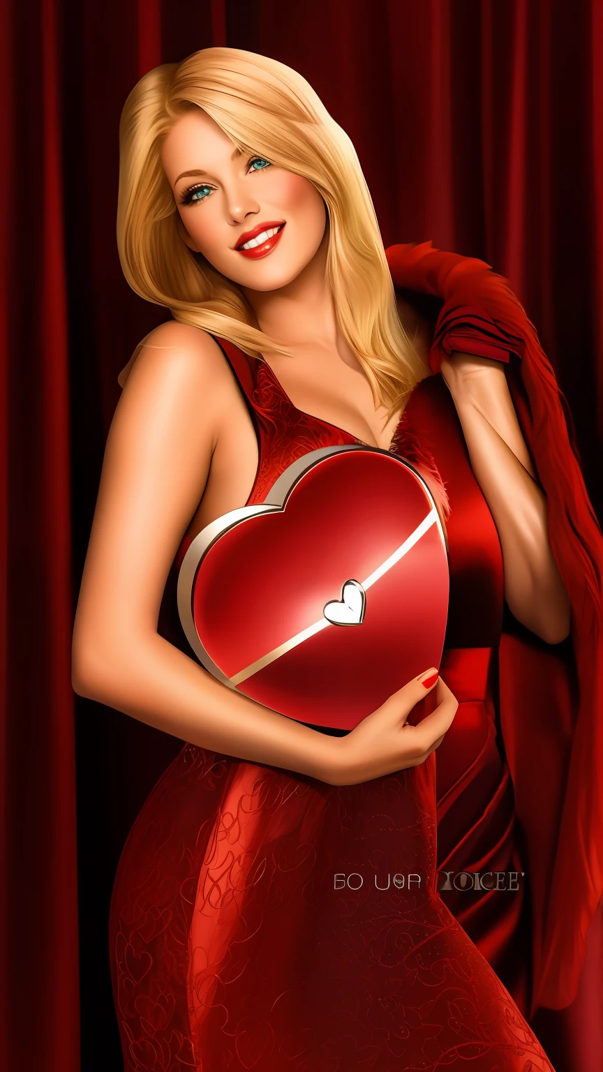 blond woman in red dress holding a heart shaped box with a diamond ring, fur covering her chest, closeup photograph, wearing red fur, closeup shot, inspired by Bunny Yeager, promo shot, detailed image, closeup photo, marketing photo, photo still, by Wayne England, furr covering her chest, advertising photo, furry chest, wearing red fur cloak --auto