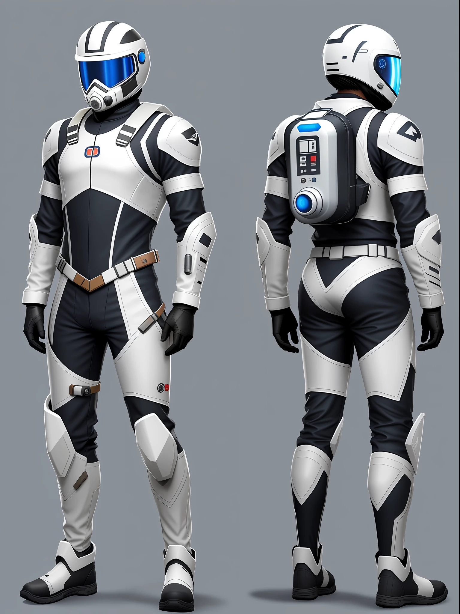 A man, front on the left side and back on the right side (the same character), wearing a closed white hazard suit, with the helmet open exposing his face, with an oxygen tank on his back with tubes connecting the oxygen tank to the helmet, concept art, full body, video game concept art style