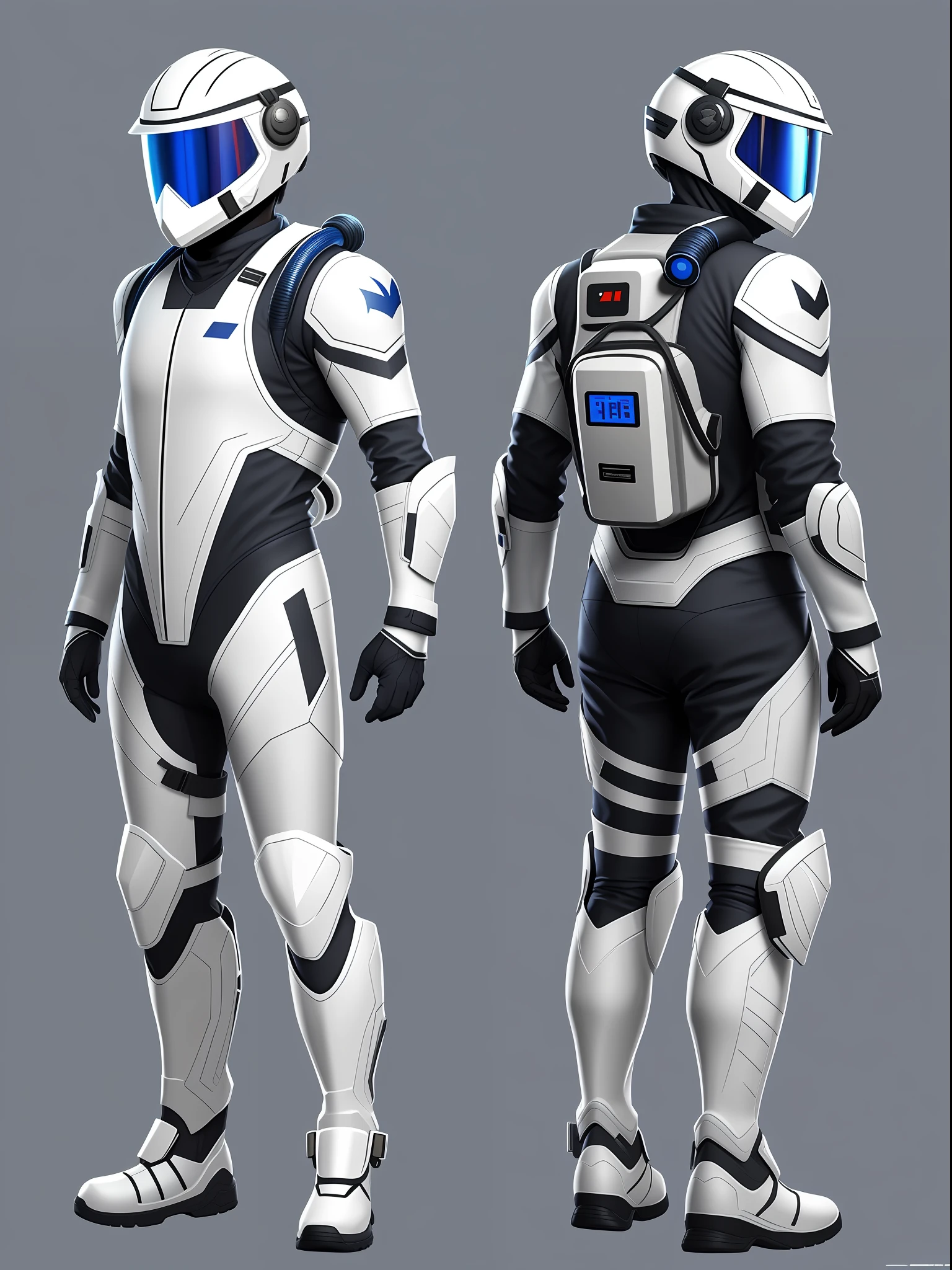 A man, front on the left side and back on the right side (the same character), wearing a closed white hazard suit, with the helmet open exposing his face, with an oxygen tank on his back with tubes connecting the oxygen tank to the helmet, concept art, full body, video game concept art style