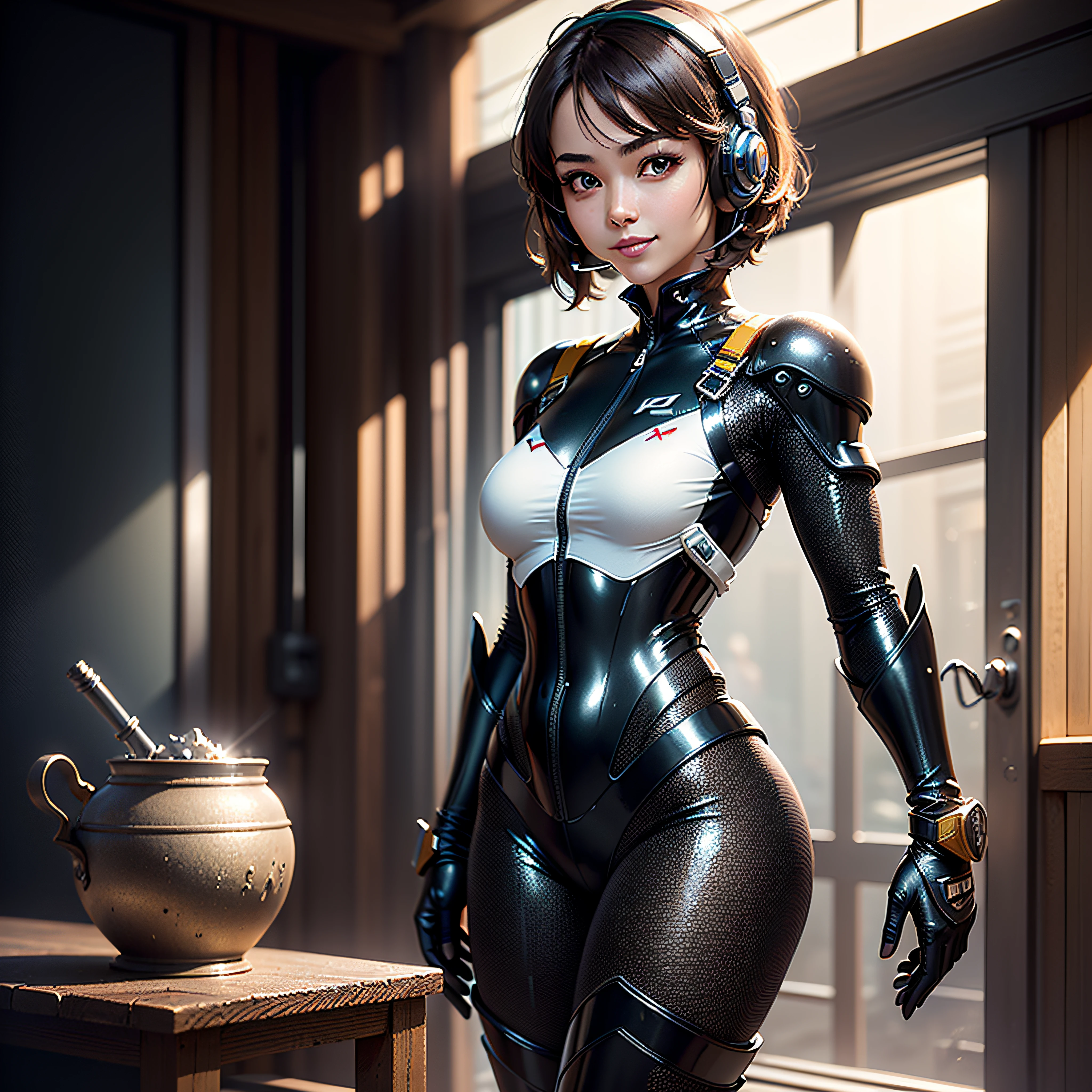 (Masterpiece, Best Quality, Best Resolution, distinct_image, Elaborate CG, Cinematic Lighting, Ray Tracing, Drop Shadows, Detail, (Photorealistic: 1.4), High Quality Textures, Fine-grained, Realistic Look): (Solo, Solo Girl, Japan Face, Brown-haired Girl, Short Hair, Small Breast Size, Glittering Black Eyes, Eye level shot, metallic black pilot suit, tight fit wear, clothes that cover the whole body, light smile, beauty, slim body, exoskeleton, heroine, headset, long boots, gloves)