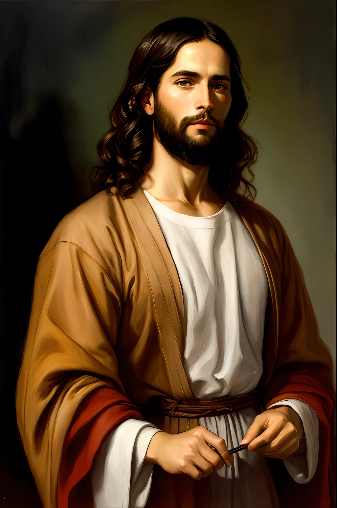 A beautiful ultra-thin realistic portrait of Jesus, the prophet, a man 33 years old Hebrew brunette, short brown hair, long brown beard, in a temple, wearing long linen tunic closed on the chest part, in front view, full body, biblical, realistic,by Diego Velázquez,Peter Paul Rubens,Rembrandt,Alex Ross,8k,Concept Art, PhotoRealistic, Realistic, Illustration,  Oil Painting, Surrealism, HyperRealistic, brush brushes, Digital art, style, watercolor