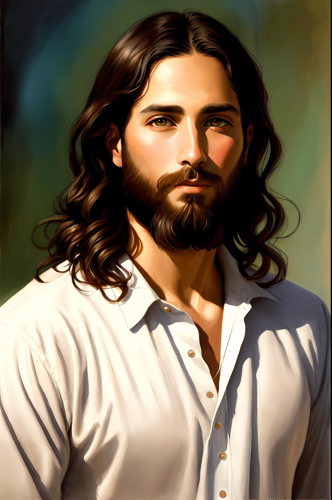 A beautiful ultra-thin realistic portrait of Jesus, the prophet, a man 33 years old Hebrew brunette, short brown hair, long brown beard, in a temple, wearing long linen tunic closed on the chest part, in front view, full body, biblical, realistic,by Diego Velázquez,Peter Paul Rubens,Rembrandt,Alex Ross,8k,Concept Art, PhotoRealistic, Realistic, Illustration,  Oil Painting, Surrealism, HyperRealistic, brush brushes, Digital art, style, watercolor